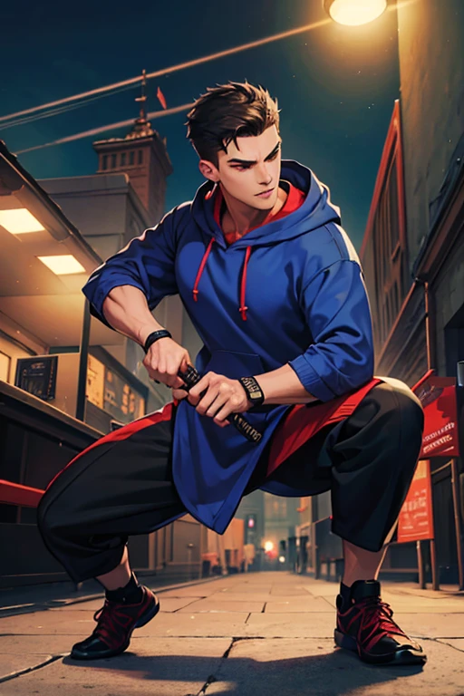 Convey the fusion of modern urban style with ancient martial prowess as a man in a hoody stands under a spotlight, his shadow evoking the spirit of a samurai.