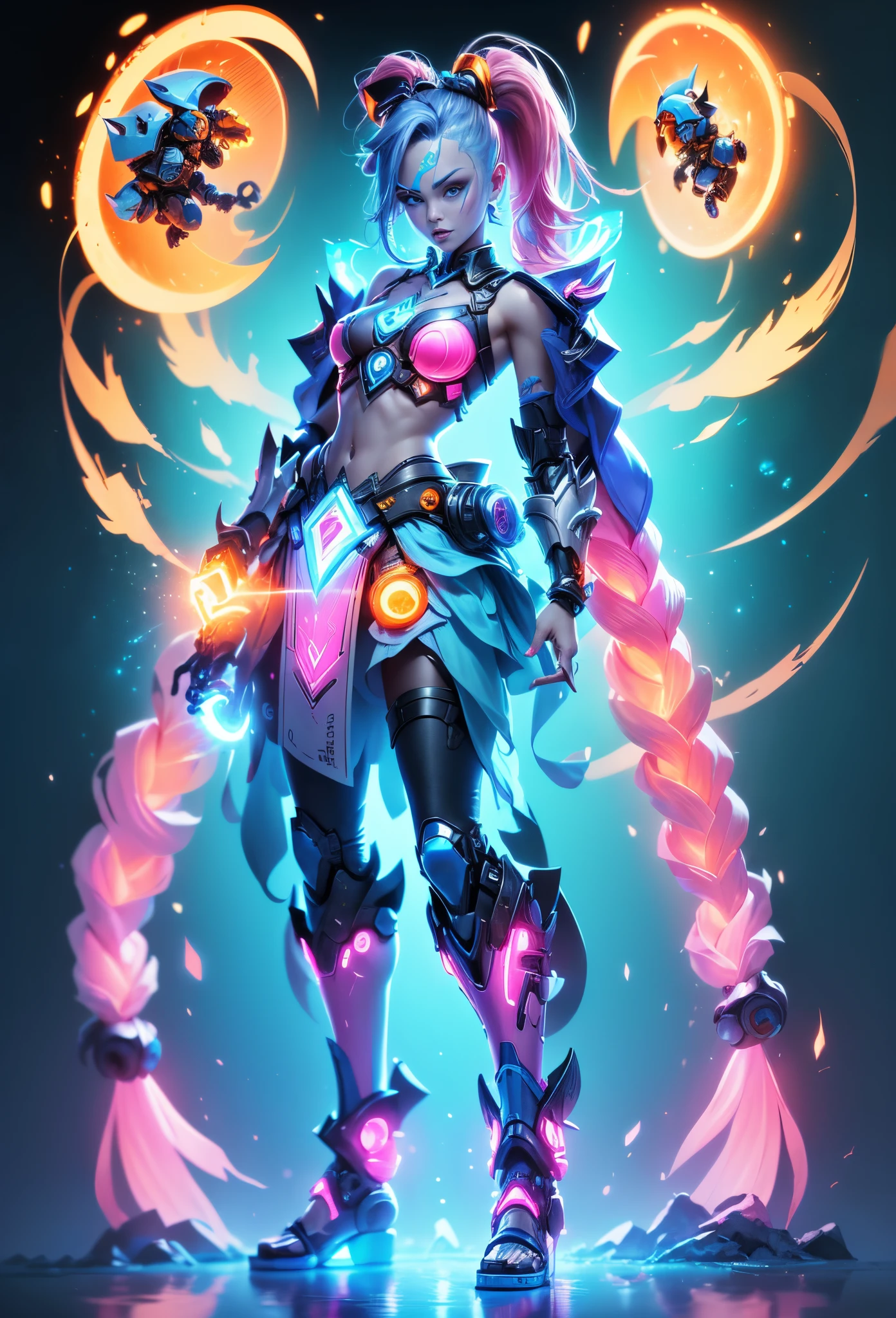 Jinx1024, Game character design，3D character rendering，(((Vector illustration style)))，League of Legends Jinx，((1girl，(Blue double ponytail: 1.5)，Blue braids，Red eyes，big laughter，future warrior，(Pink mechanical skirt: 1.3)，(A luminous magazine is tied around the waist: 1.2)，Decorated with luminous lines and rivets，With streamer effect or LED light embellishment，Hand holding laser cannon、Ion cannon or pulse cannon))，((hair design：Brilliant deep blue，Add some glowing elements，Futuristic headgear such as orange photoelectric glasses or head-mounted display))，((Expression design：Add some glowing lines or orange LED light effects to the facial decoration，Design different facial expressions，Highlight the image of future warriors))，(action design：On the move、When releasing a skill or attacking，Add some special effects and animations，Highlight the sense of future and combat)，((Special effects design：Add cool orange light effects、Electromagnetic wave effect or virtual interface，Enhance the visual impact of skin)), (((standing on your feet，Metal heels: 1.8, Glowing lines or orange LED light effect))), (full body shot of: 1.5)，jinx (league of legends)，(starryskybackground，simplebackground))
