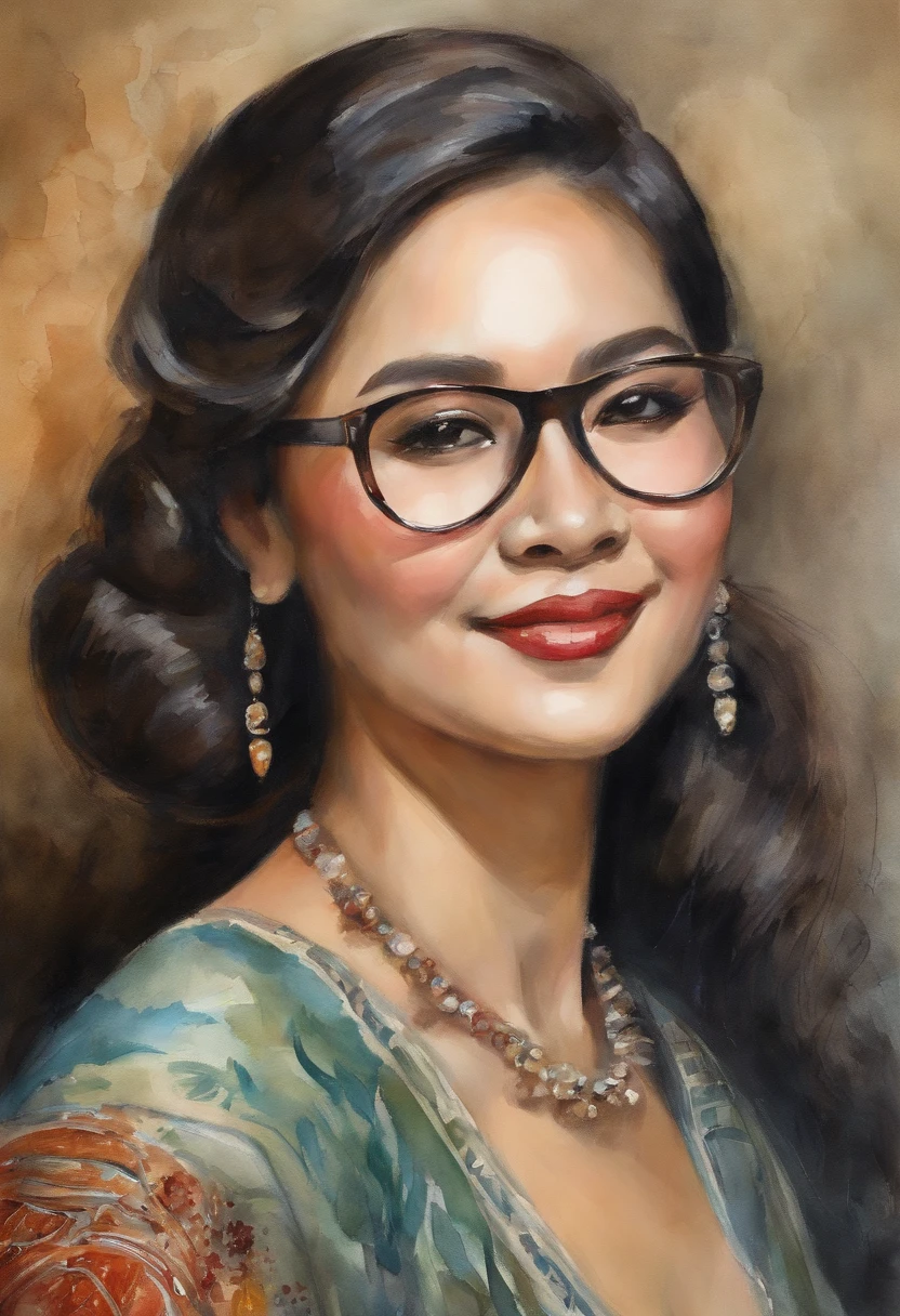 there is a singer woman with long hair in a bun wearing kebaya batik sarong, eyeglass, south east asian with round face, a young asian woman, young cute wan asian face, 8k realisitic, Photorealsitic, masterpiece, top-quality, 1girl in, 独奏, in stage, microphone, looking at the viewers, a smile, wide - angle portrait, Best quality, masterpiece, ultra high res, (photorealistic:1.4), raw photo, portrait,