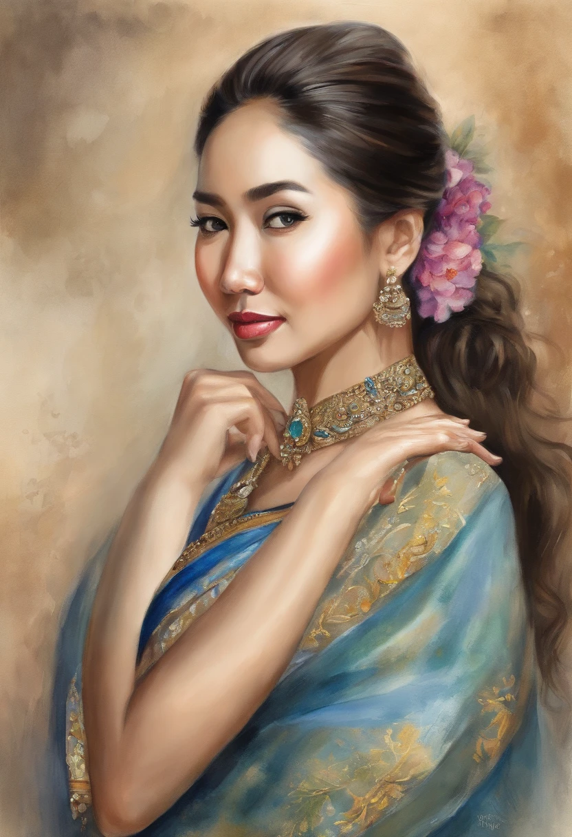 there is a singer woman with long hair in a bun wearing kebaya batik sarong, eyeglass, south east asian with round face, a young asian woman, young cute wan asian face, 8k realisitic, Photorealsitic, masterpiece, top-quality, 1girl in, 独奏, in stage, microphone, looking at the viewers, a smile, wide - angle portrait, Best quality, masterpiece, ultra high res, (photorealistic:1.4), raw photo, portrait,