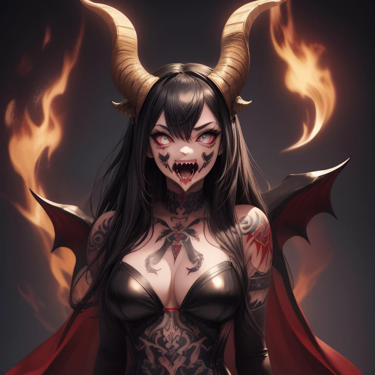 16k_rendition. Infernal succubus babe. Perky bosom. Pale skin,red,curly,long hair. Dark colors. Huge horns. Lustrous eyes. Red full lips. Biting lips. Climax. Enchanting. Neck choker. Perfect_anatomy,perfect_hands. Flames and chains in the background,masterpiece,best quality,realistic,Uhd,