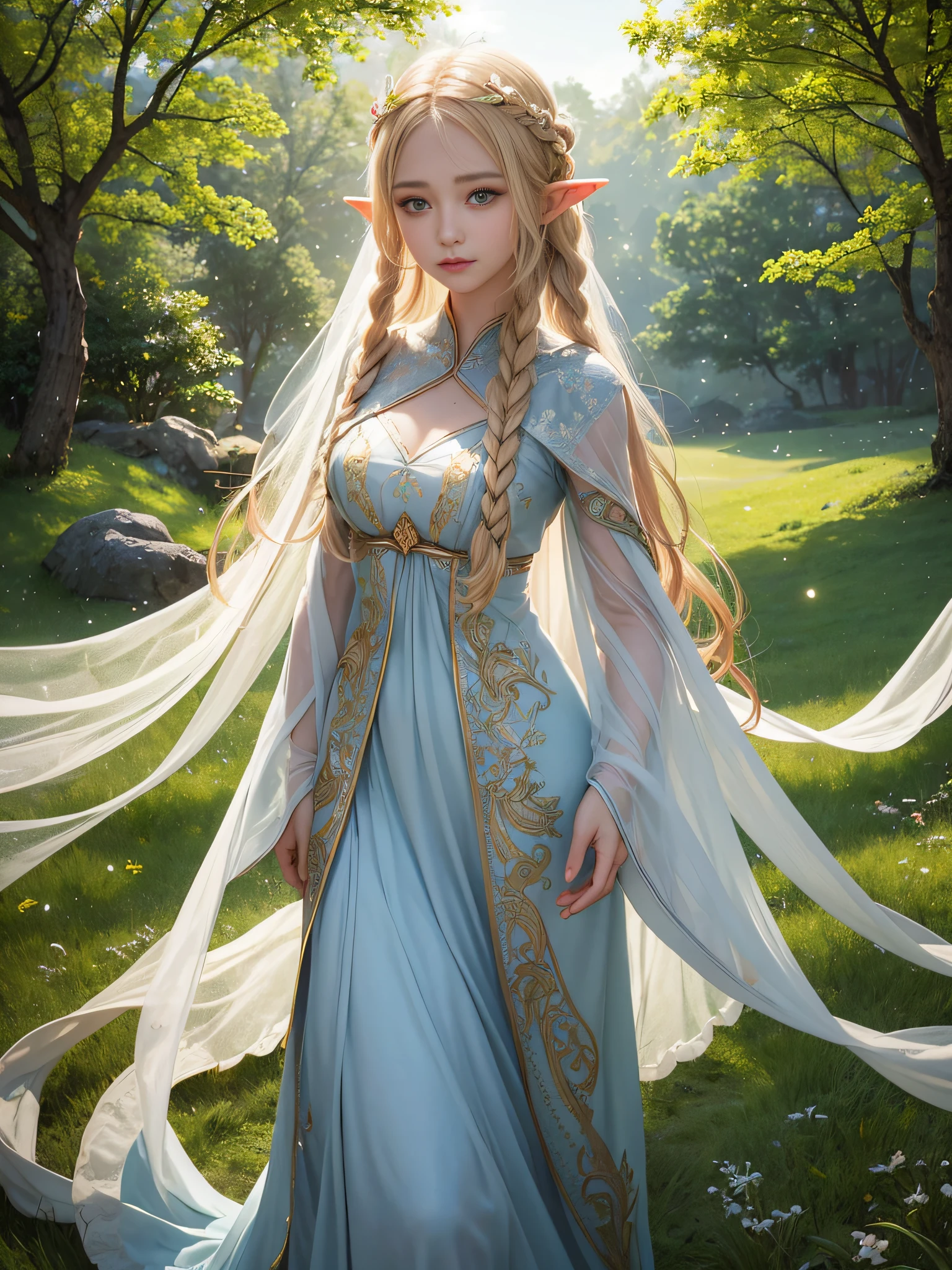 Graceful elven girl standing in meadow, Delicate face illuminated by the soft light of the setting sun. Her long, Flowing hair runs down your back, Decorated with intricate braids、Adorned with sparkling gemstones. This great photo is、、、It captures the ethereal beauty of elves. Slender figure in silk dress、Swaying in the soft steppe breeze. Attention to detail、Face that is、Face that is、Face that is、Face that is、It is evident in the intricate patterns of the dress and the subtle highlights of the luminescence. skin. The breathtaking portrayal of the elven girl is、、、、、Create an enchanting atmosphere、It invites the viewer to a magical world. transparent blonde hair,