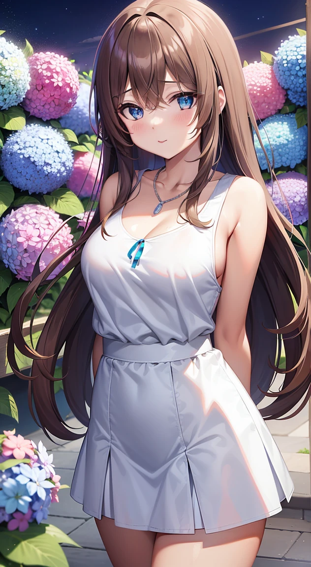 4K, Scenery in June, Beautiful woman, Long hair, Brown hair, medium breasts, Blue eyes, White shirt, Hot Pants, Neon Red Heart Necklace, Looking at Viewer, Night, Colorful hydrangeas