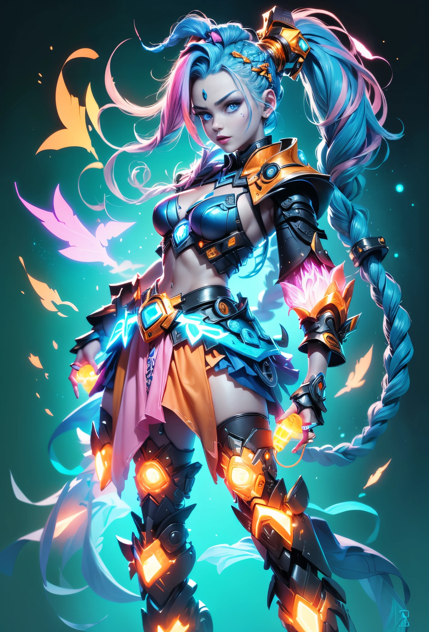 Jinx1024, Game character design,3D character rendering,(((Vector illustration style))),League of Legends Jinx,((1girl,(Blue double ponytail: 1.5),(Blue braids: 1.5),Red eyes,big laughter,future warrior,(Pink mechanical skirt: 1.2),(A luminous magazine is tied around the waist: 1.2),Decorated with luminous lines and rivets,With streamer effect or LED light embellishment,Hand holding laser cannon、Ion cannon or pulse cannon)),((hair design:Brilliant deep blue,Add some glowing elements,Futuristic headgear such as orange photoelectric glasses or head-mounted display)),((Expression design:Add some glowing lines or orange LED light effects to the facial decoration,Design different facial expressions,Highlight the image of future warriors)),(action design:On the move、When releasing a skill or attacking,Add some special effects and animations,Highlight the sense of future and combat),((Special effects design:Add cool orange light effects、Electromagnetic wave effect or virtual interface,Enhance the visual impact of skin)), (((standing on your feet,Metal heels: 1.8, Glowing lines or orange LED light effect))), (full body shot of: 1.5),jinx (league of legends),(starryskybackground,simplebackground))