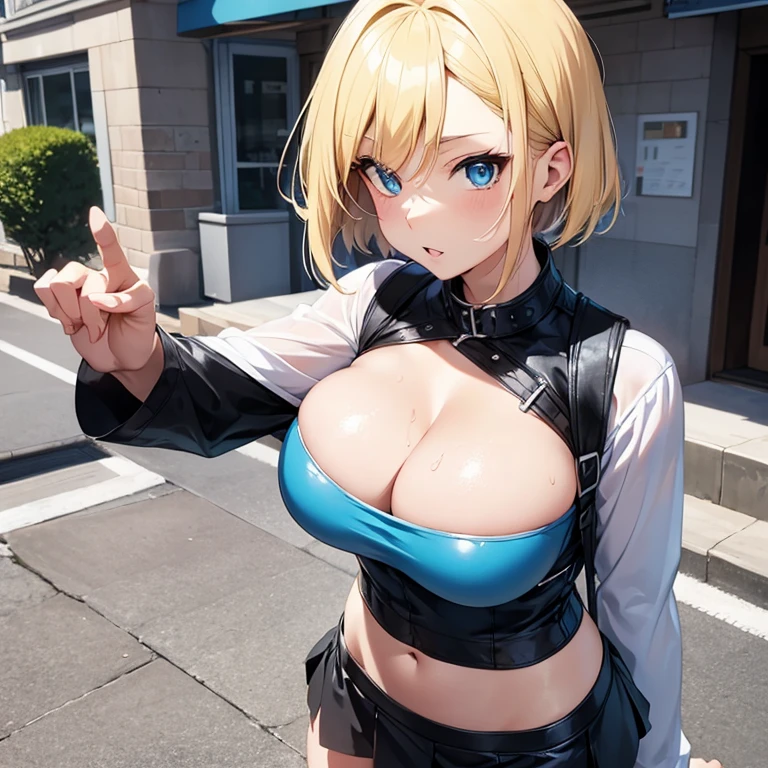 2D Anime Style、Blue eyes、breasts are slightly larger、A cool adult woman with short blonde hair is walking around town with a cool expression, Wear tops that show cleavage, long court,short tight leather skirt,