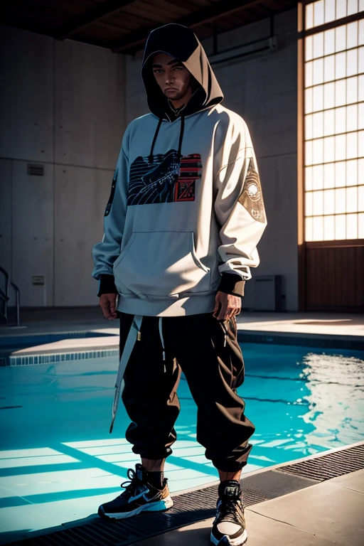 Picture the juxtaposition of contemporary streetwear with historical warrior symbolism, as a man in a hoody stands under a pool of light, his shadow embodying the spirit of a samurai.