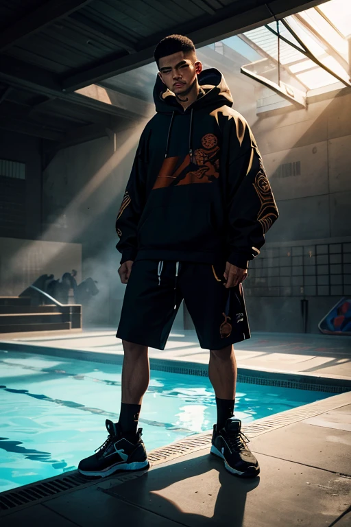 Picture the juxtaposition of contemporary streetwear with historical warrior symbolism, as a man in a hoody stands under a pool of light, his shadow embodying the spirit of a samurai.