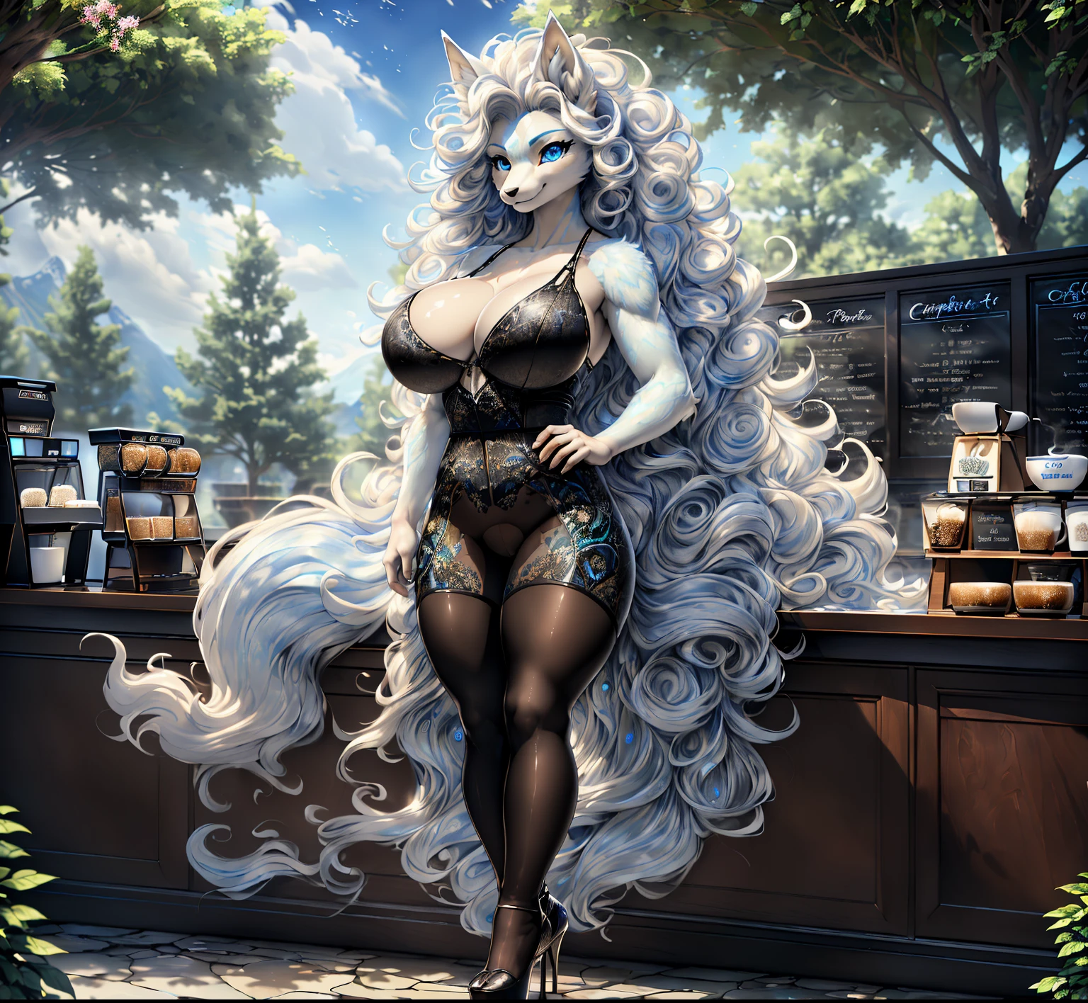 1girl (((Made by Complextree))), (Alolan Ninetales), ((solo)), ((big and firm breasts, antrum, extremely detailed, extremely detailed legs, extremely detailed arms, extremely detailed face, perfectly detailed eyes,perfectly detailed anatomy, Curly hair, Wearing, black pantyhose, high heels,coffee shop))