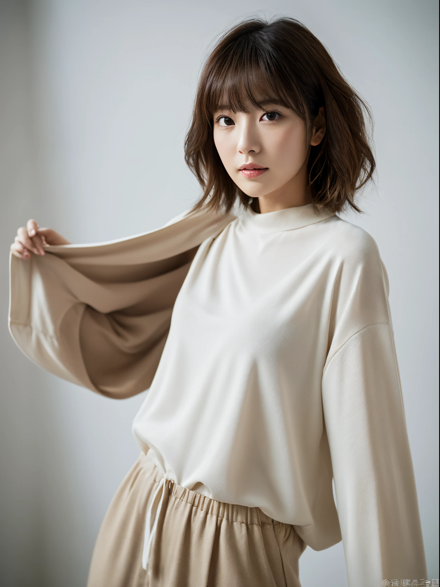 Pale solid color background,japanese mature, 25-years old, Beautie, 独奏, Close your mouth and look straight ahead with a serious expression, (((Stand upright facing the center of the screen))), Sweater for tank top, skirt by the, hight resolution, high-level image quality, high detailing, Textured skin, tre anatomically correct, sharp, cowboy shot