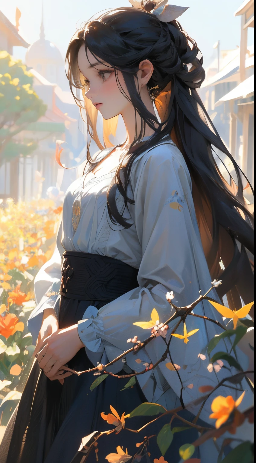 estilo anime, jardim de flores, sunlight, lindo dia ensolarado...
vemos uma mulher nua de cerca de 25 anos, pele clara, Cabelo loiro liso grande, seu corpo esguio totalmente nu mostra seios muito pequenos com mamilos duros, pubiano peludo, pernas lisas, ela caminha pelos campos colhendo flores, add small insects to the scene, pequenos voando no campo