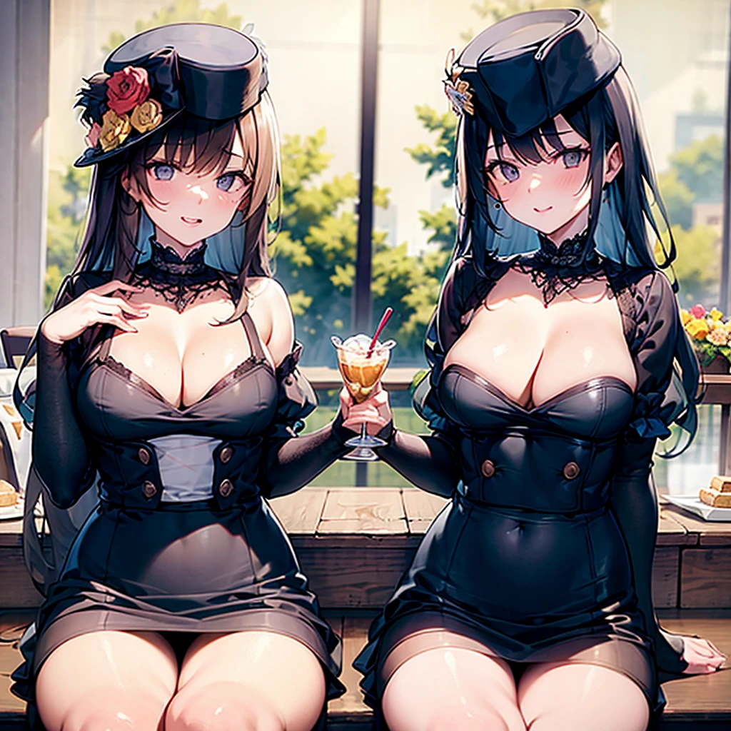 Masterpiece, Best Quality, Klonde, sitting at the table, desserts on the table
