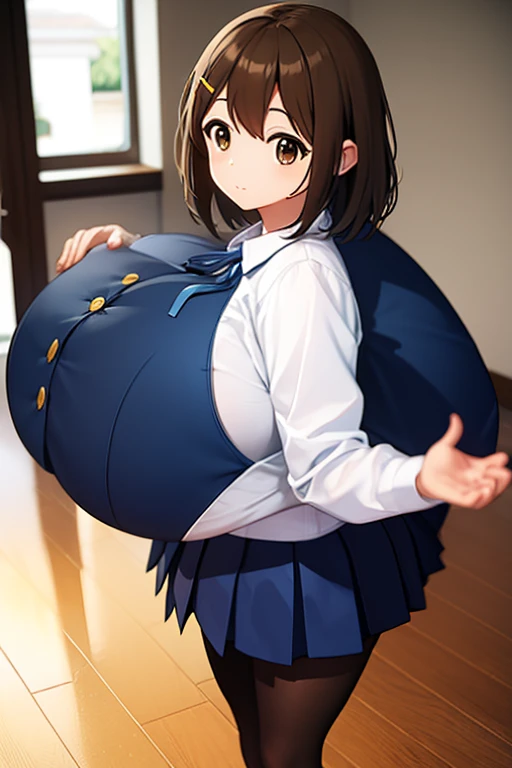 yuihirasawa, yui hirasawa, (brown eyes:1.5), brown hair, hair ornament, hairclip, medium hair, (flat chest:1.2), BREAK black pantyhose, blazer, blue jacket, blue ribbon, blue skirt, buttons, collared shirt, jacket, long sleeves, neck ribbon, pantyhose, pleated skirt, ribbon, sakuragaoka high school uniform, school uniform, shirt, skirt, white shirt, winter uniform, BREAK looking at viewer, BREAK indoors, classroom, BREAK (masterpiece:1.2), best quality, high resolution, unity 8k wallpaper, (illustration:0.8), (beautiful detailed eyes:1.6), extremely detailed face, perfect lighting, extremely detailed CG, (perfect hands, perfect anatomy), (giant breasts:1.6)