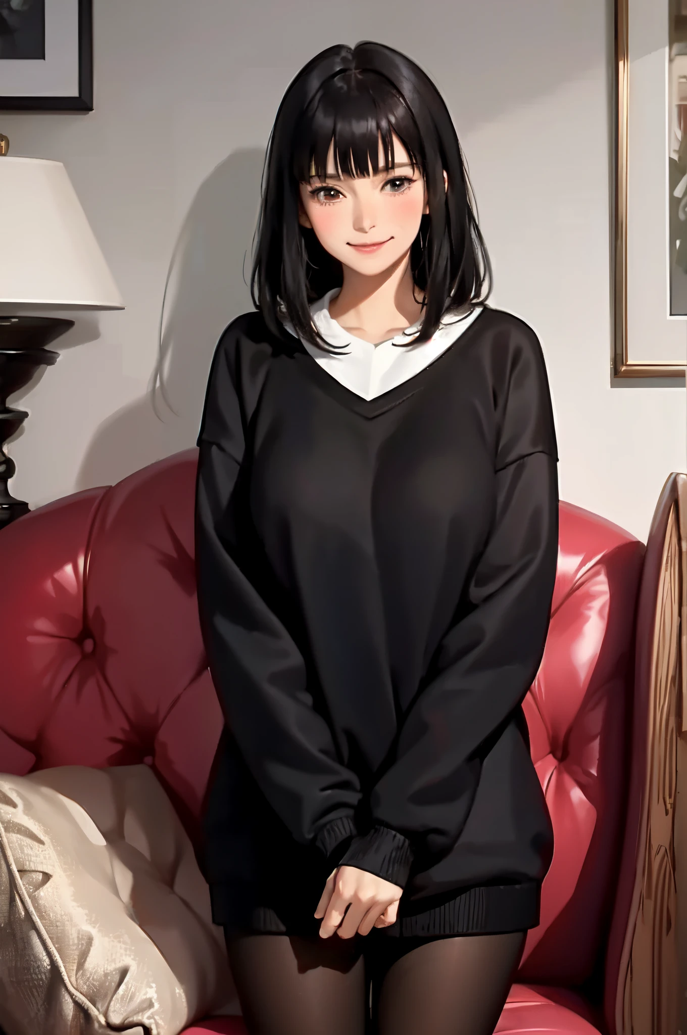 1lady standing, /(oversized sweater/) v-neck, mature female, /(black hair/) bangs, blush kind smile, (masterpiece best quality:1.2) delicate illustration ultra-detailed, large breasts pantyhose BREAK /(modern house living room/) indoors