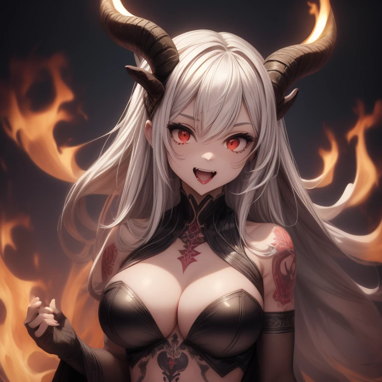 8k, masterpiece, 1girl, female executive of Evil Organization, beautiful villains, standing, giving some orders to subordinates, dynamic angle , dynamic pose, bewitching, super cute, pale skin, detailed skin texture, healthy, heart shaped pupils, smiling full of confidence,caring smile , odd eyes, dazzling blonde hair, (opened mouth , cute fang :1.5), GOAT horns on her head, ( tattoo on face:1.3) , medium large breast, wearing gorgeous costume of dark image, glossy jewelies on it, wrapped in a pale flame