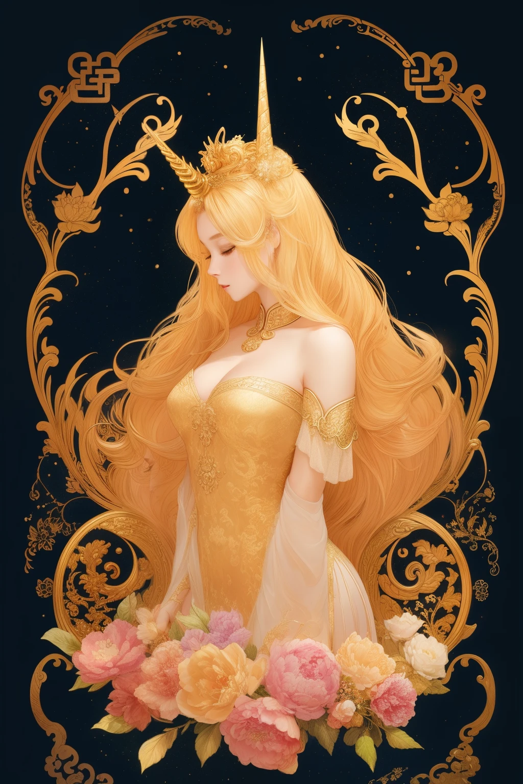 ((Gorgeous Chinese style golden unicorn princess))、(Shoulder-length wavy golden hair)、(bright and beautiful eyes)、trending on artstationh、Jean-Honor Fragonard、Flowers of Hope by Peter Moorbacher、ultra-detailliert、crazy detail details、Stunning Sophisticated Elite Art Nouveau Glamorous Liquid Wax Elegant Luxury Greggle Tkowski Ink Style Sticker Vector Art Beautiful Character Design Double Exposure Shot Luminous Design、Awards Entries、​masterpiece、AMOLED black background