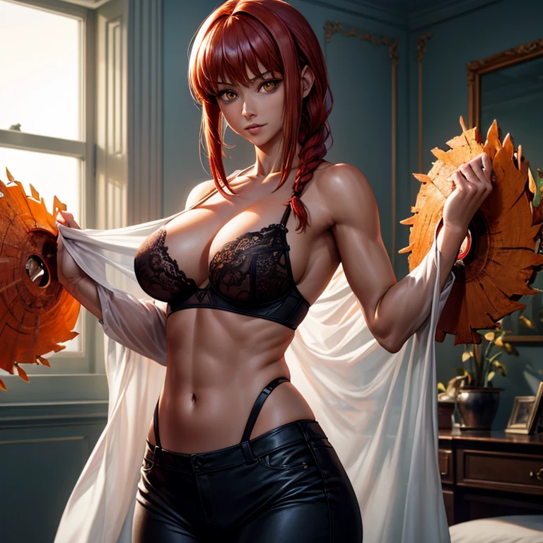 Masterpiece, Ultra-realistic 8k CG, perfect artwork, (Rich: 1.4), cinematiclight, ((Masterpiece, Best Quality)), Girl, athletic, muscular, Slender, glossy skin, (light skin, lovely woman), big, (One Breast: 1.2), (pulling clothes), (Chest shift: 1.2), black bra, unbuttoned dress shirt, (see-through silhouette: 1.2), Delicate pattern, fine details, bed room, blurred background, red hair, hairlong, braided, golden eyes,makima,chainsaw man