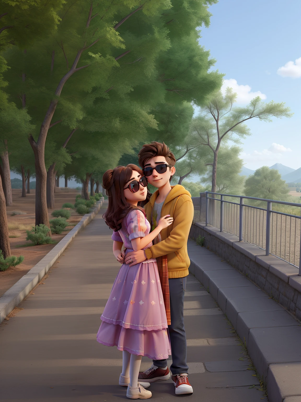 Young couple with sunglasses and passionate look. The two of them are in a very beautiful background landscape