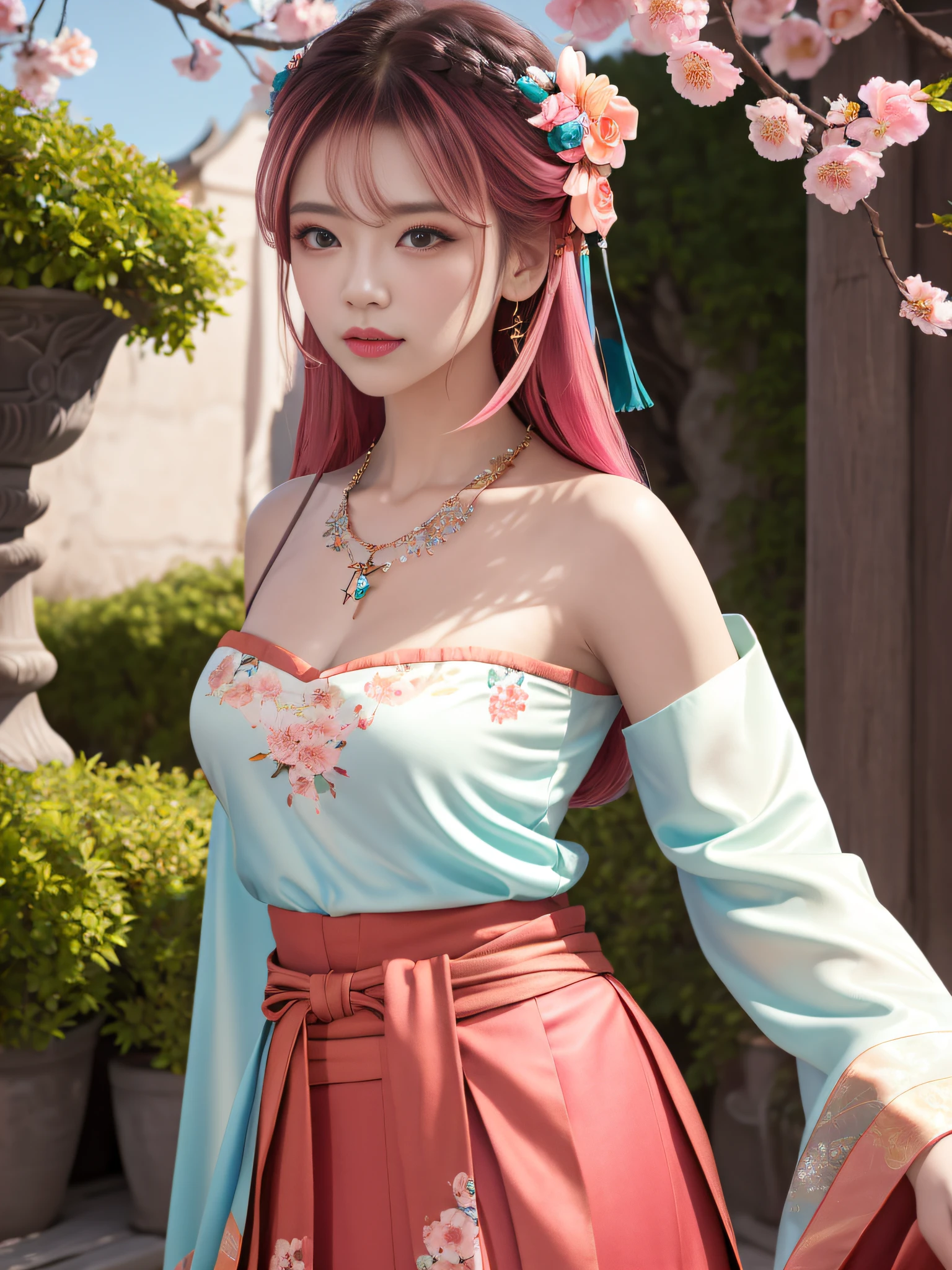 Best Quality, Masterpiece, High Resolution, 4K, 8K, Very Realistic, Real, Photography, Photo, 1girl, Solo, Mature and Beautiful Girl, Random Action, Facing the Audience, Exuding Charm, (Detailed Hanfu, Gorgeous Hanfu, Long Skirt, Streamers), Bandeau, cleavage, leaky shoulders, (very detailed skin), Beautiful Peugeot face, (big eyes, high detail eyes), blush, star pupils, high-detail eyelashes, pink hair, (beautiful hair accessories), necklaces, jewelry, outdoor, courtyard, Full of peach blossoms, rich background, light sense, 8K UHD, DSLR, soft light, high quality