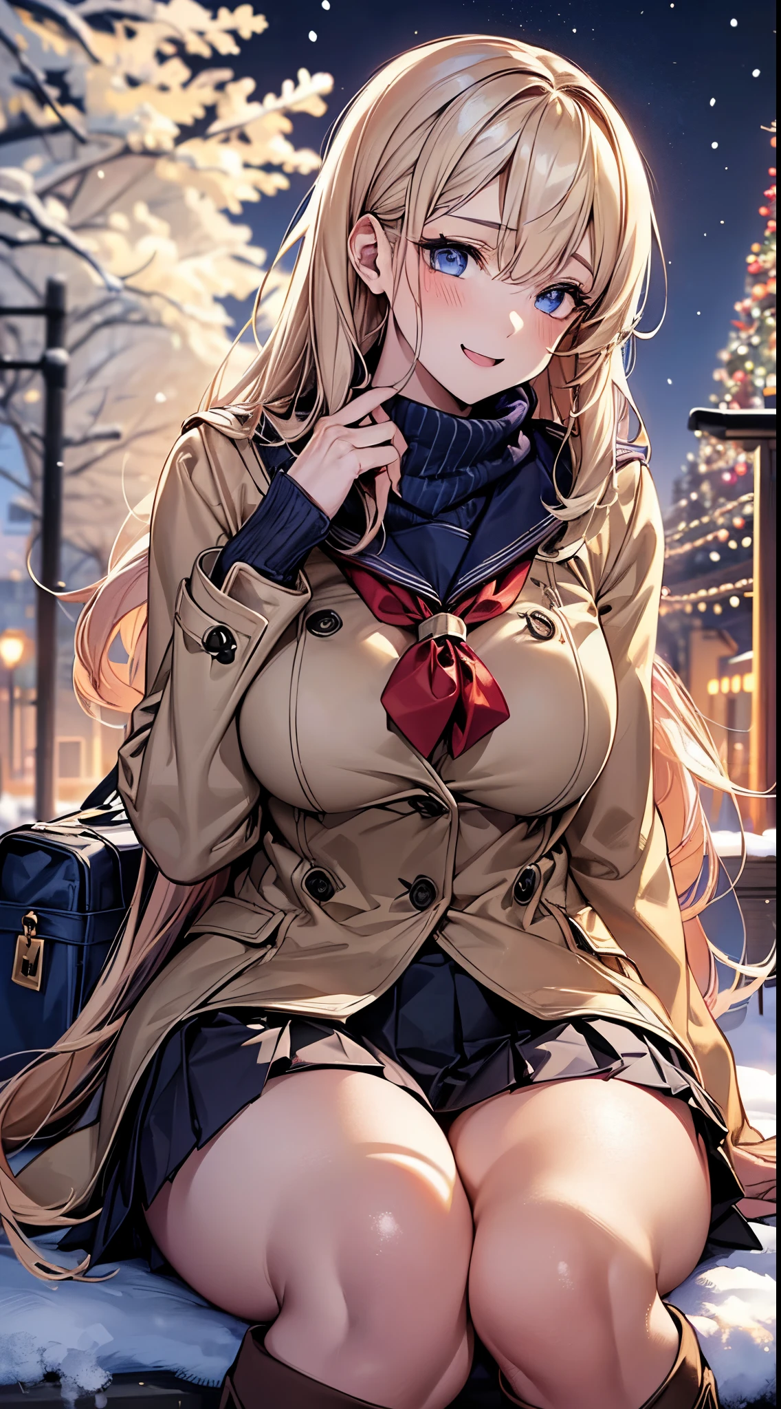 ((((perfect anatomy, super detailed skin)))), 1 girl, japanese, high school girl, shiny skin, large breasts:0.5, looking away, looking up, watching the view, from below, 
beautiful hair, beautiful face, beautiful detailed eyes, (long hair:1.7, side ponytaail:1.5), blond hair, blue eyes, 
beautiful clavicle, beautiful body, beautiful chest, beautiful thigh, beautiful legs, babyface, mole under eye, 
(((beige coat, open the coat myself), ((long sleeves)), all navy sailor suit, navy pleated skirt, navy sailor collar, red sailor scarf, thigh-highs, short boots), school bag, cross necklace), seductive thighs, , 
((smile:1.5, open your mouth wide)), , female masturbation, lifting skirt myself, 
(beautiful scenery),winter, midnight, hokkaido, sapporo, odori park, park bench, sitting, christmas, (christmas tree), illumination, tv tower, snow, snowfall:1.5, freezing weather, frost, 
(8k, top-quality, masterpiece​:1.2, extremely detailed), (photorealistic), beautiful illustration, cinematic lighting,