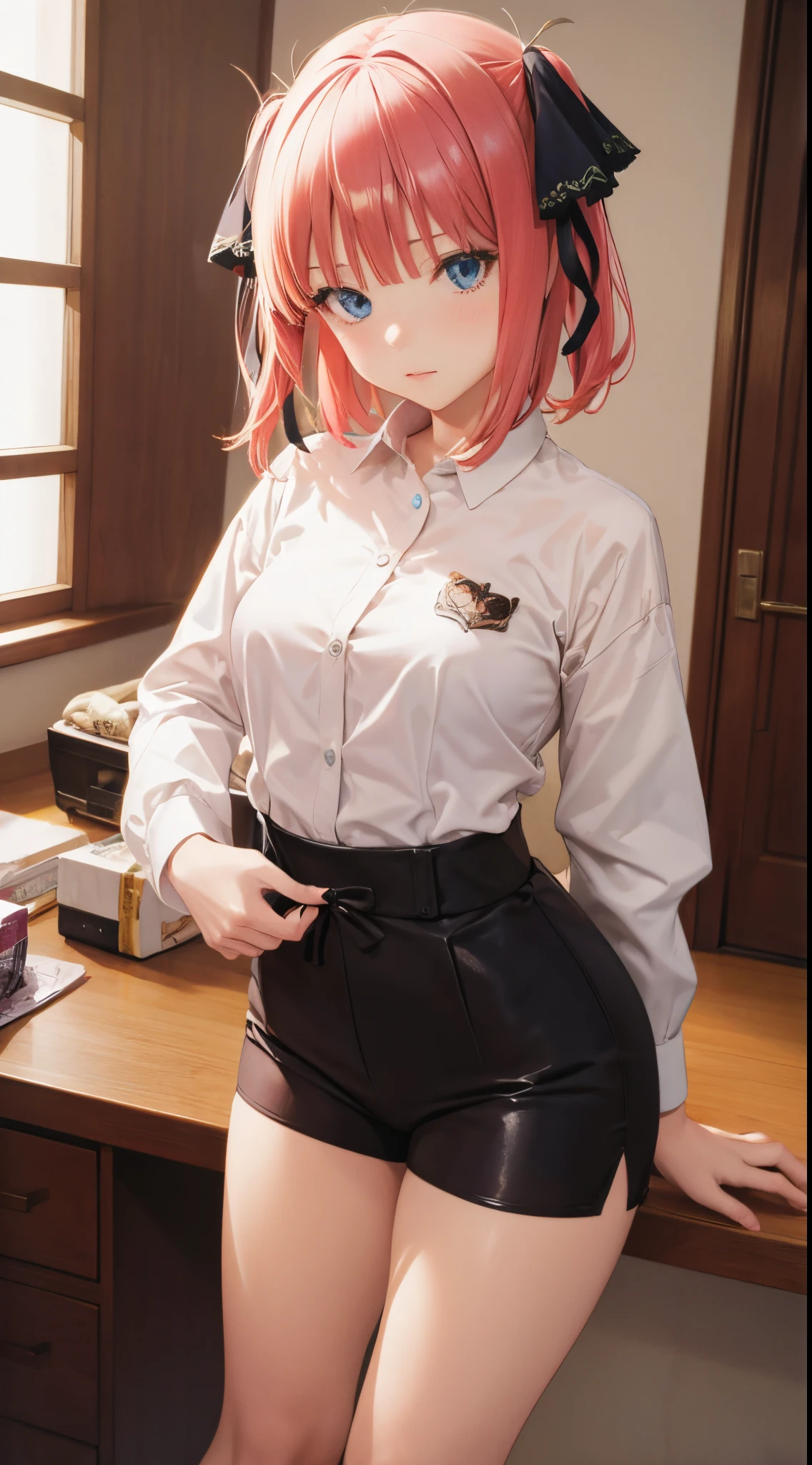 1girl, solo,black nurse, black nurse cap, black wear, ((black legwear, zettai ryouiki)), black gloves, very short hair, orange hair, smile, open mouth, standing, ((hospital room)), sharp outline, short sleeves, tomboy, boyish, best quality, masterpiece,facial,Heart symbol、Uterus mouth、Fertilization, Glasses,Voice of the Heart,Breast milk,Ecstatic expression、Yandere、Menhera、Purple Eyes,blush、Looking down shot