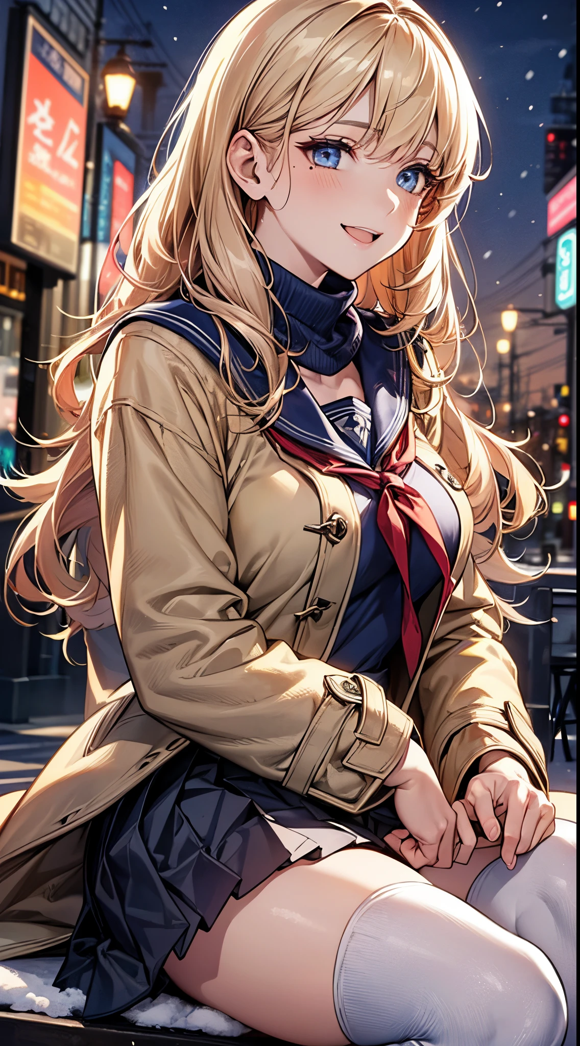((((perfect anatomy, super detailed skin)))), 1 girl, japanese, high school girl, shiny skin, large breasts:0.5, looking away, looking up, watching the view, from below, 
beautiful hair, beautiful face, beautiful detailed eyes, (long hair:1.4, twintails:1.7), blond hair, brown eyes, 
beautiful clavicle, beautiful body, beautiful chest, beautiful thigh, beautiful legs, babyface, mole under eye, 
((((long sleeves)), all navy sailor suit, navy pleated skirt, navy sailor collar, red sailor scarf, thigh-highs, short boots), school bag, cross necklace), seductive thighs, , 
((smile:1.5, open your mouth wide)), , female masturbation, lifting skirt myself, 
(beautiful scenery),winter, midnight, hokkaido, sapporo, odori park, park bench, sitting, christmas, christmas tree, illumination, tv tower, snow, snowfall:1.5, freezing weather, frost, 
(8k, top-quality, masterpiece​:1.2, extremely detailed), (photorealistic), beautiful illustration, cinematic lighting,