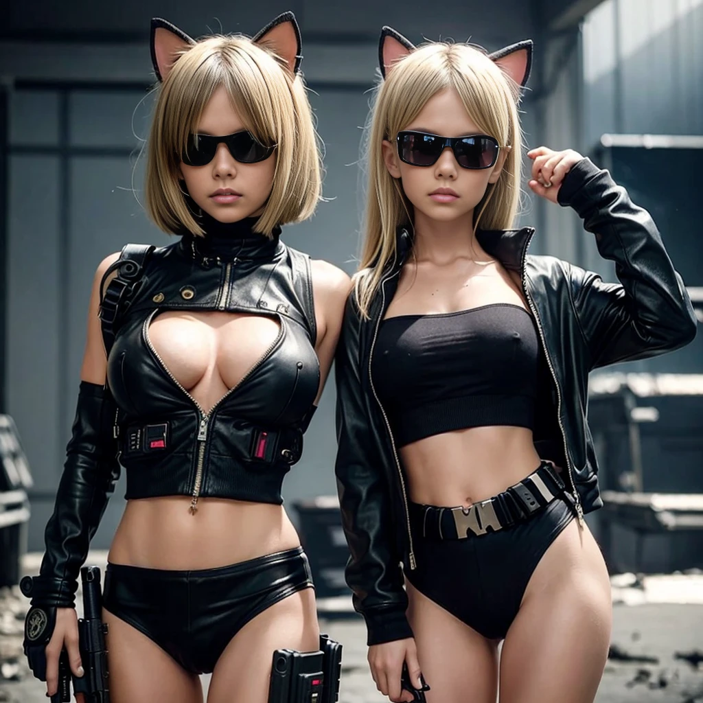 two 11 year old girls, one girl with a yellow combat jacket and rifle and sunglasses with blond hair, patches with radioactive emblems, in a apocalyptic ruin with guns and technology wreckage in the room, cyberpunk helmets next to them, wearing Cat ears, hand guns on side, ripped clothes reveal part of breast, very short top show bottom part of breast, one carrying a cyberpunk gun, cyberpunk theme, her top is short showing just the under part of her breasts ((underboob)), she has a piece of leather armor on her left shoulder, she is holding a gun in her right hand, cyberpunk theme, she is tiny and petite, she has a very cute face,