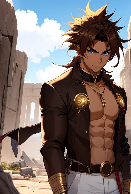tanned boy. Exile Conan style, Stand at front, (((((frontage))))) Full-body volumetric illumination, The muscles are highlighted by light, forward light, Young bodybuilder, bearded warrior, No chest hair () (Young face), suntanned skin (a dark tanned skin), fit-muscled body (Good anatomy) mexican facial features, dark brown hair, Hair is ruffled by the wind, hair tied up in a pony tail,Bangs hang down over the forehead and sides of the face, White sclera, eBlue eyes (詳細な目) largeeyes, ((eBlue eyes)), Teen's face, Top Rated Pixiv, Bare-chested, Shirtless, Gold necklace set with precious stones, silk pants, Elegant fabric belt, expensive clothing, gold beads and gems, pretty face, Young face, s the perfect face, Jedi Temple ruins in the rocky desert behind, Sunnyday, There are several clouds in the sky.