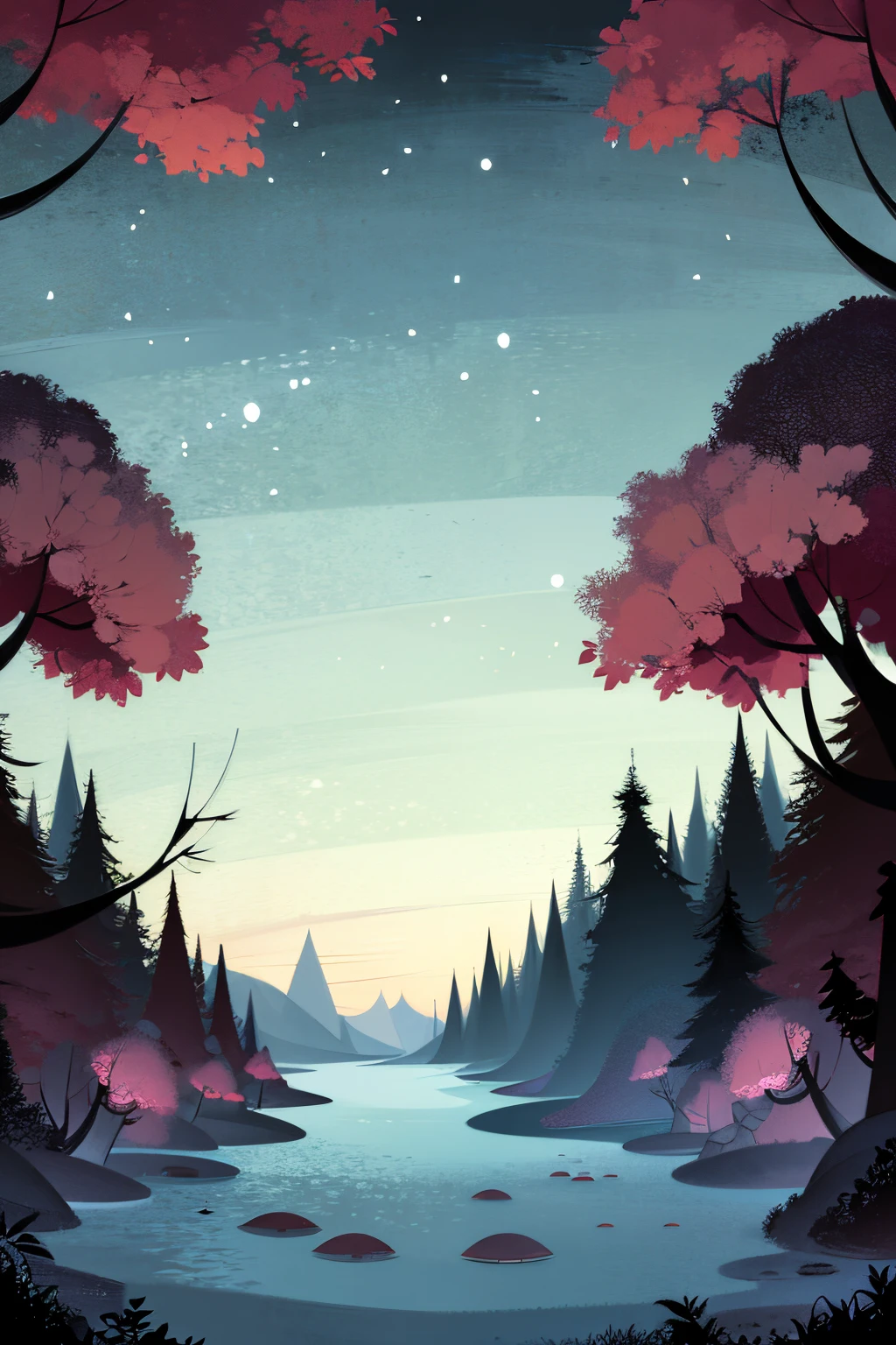 night view landscape, forest, lake, in the style of