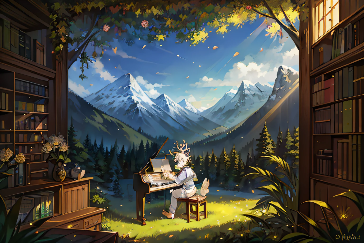 A white deer,Sit at the piano,Green-eyed,white clothes,light green decoration,Books,The scroll is spread out in front of you,A brush in his hand,Under the trees,rays of sunshine,deer antlers,wood cabin in distance,grassy fields,mountain ranges,falling flower petals,Ao olhar para cima