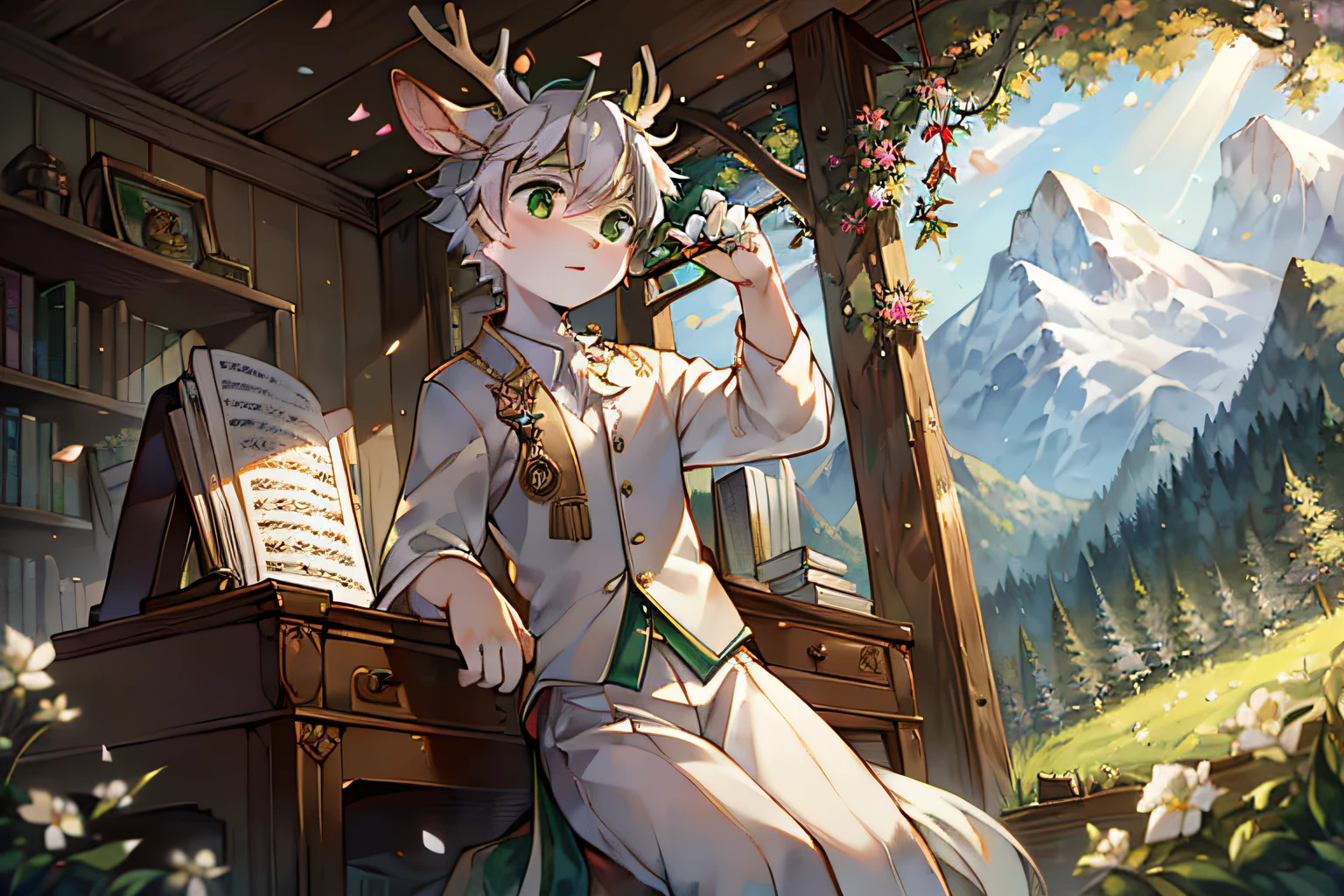 A white deer,Sit at the piano,Green-eyed,white clothes,light green decoration,Books,The scroll is spread out in front of you,A brush in his hand,Under the trees,rays of sunshine,deer antlers,wood cabin in distance,grassy fields,mountain ranges,falling flower petals,Ao olhar para cima