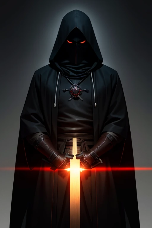 Create an enigmatic scene featuring a hooded figure standing in the shadows, illuminated by a faint light, exuding the aura and spirit of a samurai warrior.