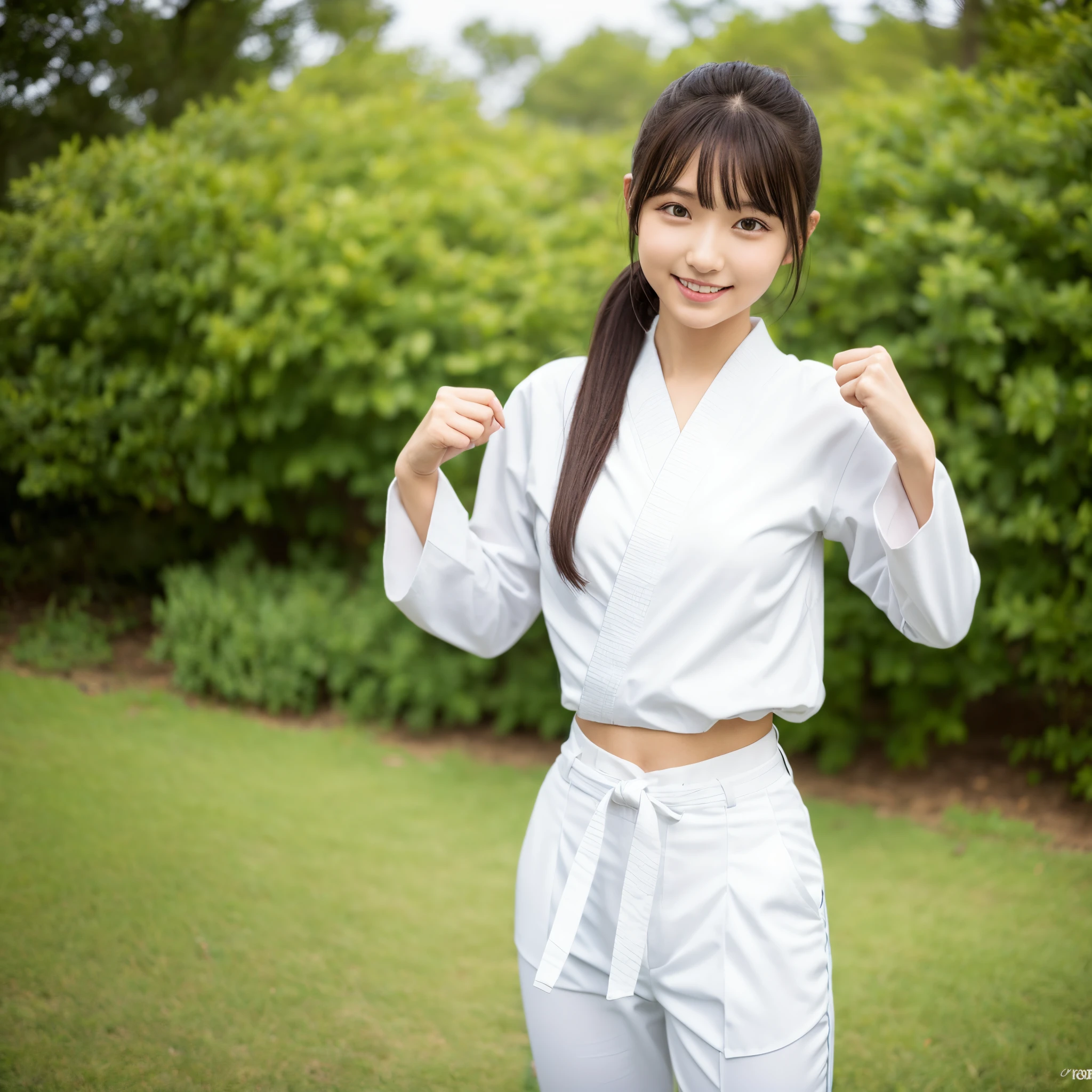 (Photorealsitic)(sixteen years old), Pretty Woman, (Full body 8K portrait), 1 girl in, White Karate Uniform, White karate pants, Large bust,Stand alone, Large and dynamic hand and foot movements, Stick out your fist, Make a high side kick, Correct skeleton, Perfect facial detail, (Smile: 1.15), attractive beautiful face, gazing at viewer, a small face, 二重まぶた, Beautiful detailed eyes, long eyeslashes, ligh brown hair, poneyTail, Toned waist, Beautiful thin legs, toned ankles, bare-legged ,TOKYOcty, the background is green, no nsfw
