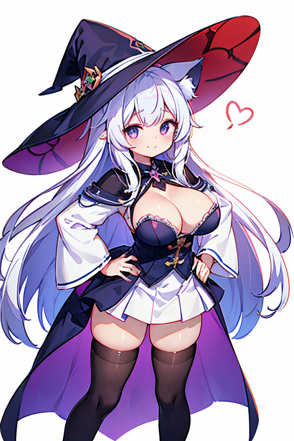 Only one girl、独奏、beautiful girl with long white hair、animesque、Cat's ears、A bright erotic magic costume with a purple base that shows off your cleavage.、a short skirt、witch's hat、Colossal tits、Standing facing the front、Displays the whole body from head to toe、Frontal camera work、Hands on hips、a smile、Background removal、Pure white background