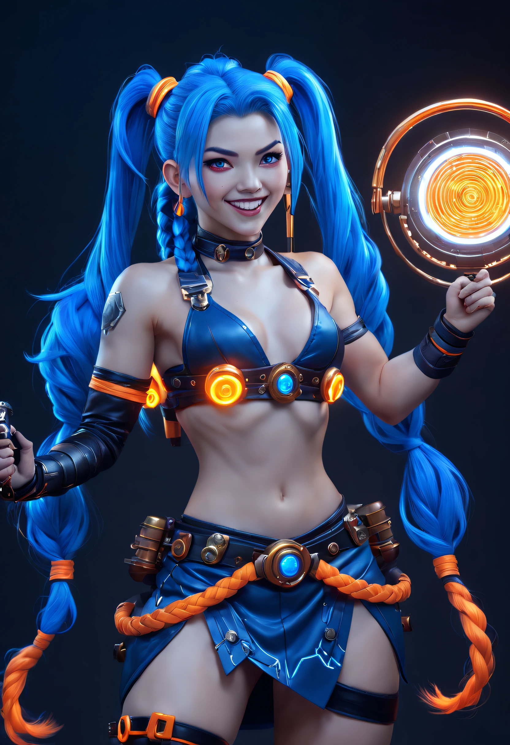 Jinx1024, Game character design,3D character rendering,(((pixar-style))),League of Legends Jinx,((1girl,(Blue double ponytail: 1.5),Blue braids,Red eyes,big laughter,future warrior,mechanical skirt,(A luminous magazine is tied around the waist: 1.2),Decorated with luminous lines and rivets,With streamer effect or LED light embellishment,Laser cannon、Ion cannon or pulse cannon)),((hair design:Brilliant deep blue,Add some glowing elements,Futuristic headgear such as orange photoelectric glasses or head-mounted display)),((Expression design:Add some glowing lines or orange LED light effects to the facial decoration,Design different facial expressions,Highlight the image of future warriors)),(action design:On the move、When releasing a skill or attacking,Add some special effects and animations,Highlight the sense of future and combat),((Special effects design:Add cool orange light effects、Electromagnetic wave effect or virtual interface,Enhance the visual impact of skin)), (((standing on your feet,Metal heels: 1.8, Glowing lines or orange LED light effect))), (full body shot of: 1.5),jinx (league of legends)
