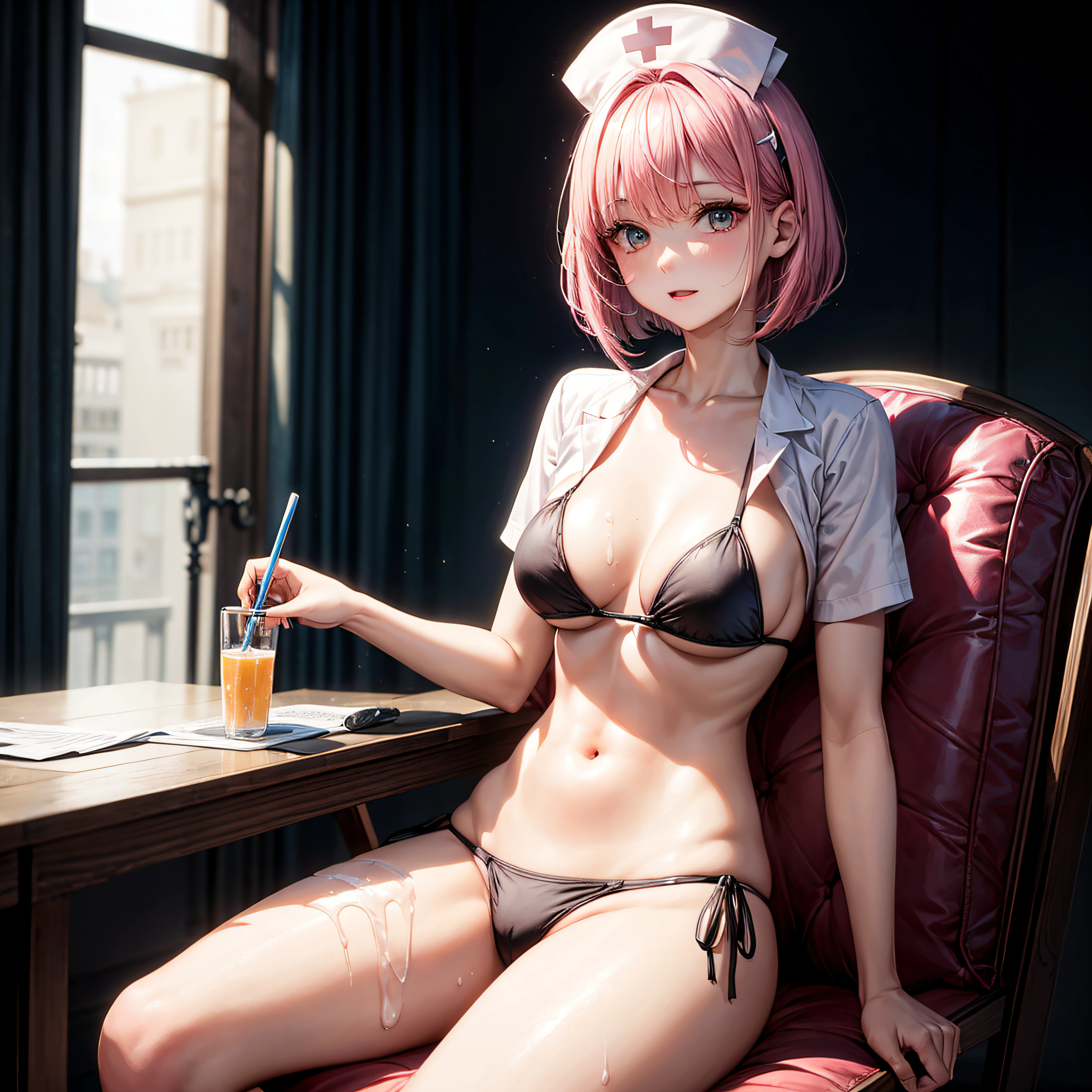 realisitic、top-quality、(One Woman:1.5)、sit a chair、A pink-haired、Medium bob、Milky liquid all over the body,gleaming skin、agitation、Nurse Cap、Black Bikini、Medium chest