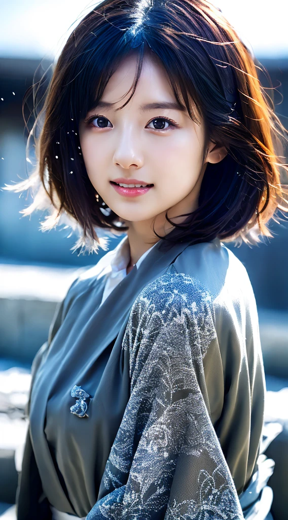 (Kimono)、、(top-quality,​masterpiece:1.3,超A high resolution,),(ultra-detailliert,Caustics),(Photorealsitic:1.4,RAW shooting,)Ultra-realistic capture,A highly detailed,high-definition16Kfor human skin、 Skin texture is natural、、The skin looks healthy with an even tone、 Use natural light and color,One Woman,japanes,,kawaii,A dark-haired,Middle hair,(depth of fields、chromatic abberation、、Wide range of lighting、Natural Shading、)、、(Falling snow:1.2)、(Hair swaying in the wind:1.2)、(Snow reflects light:1.2)、back lighting