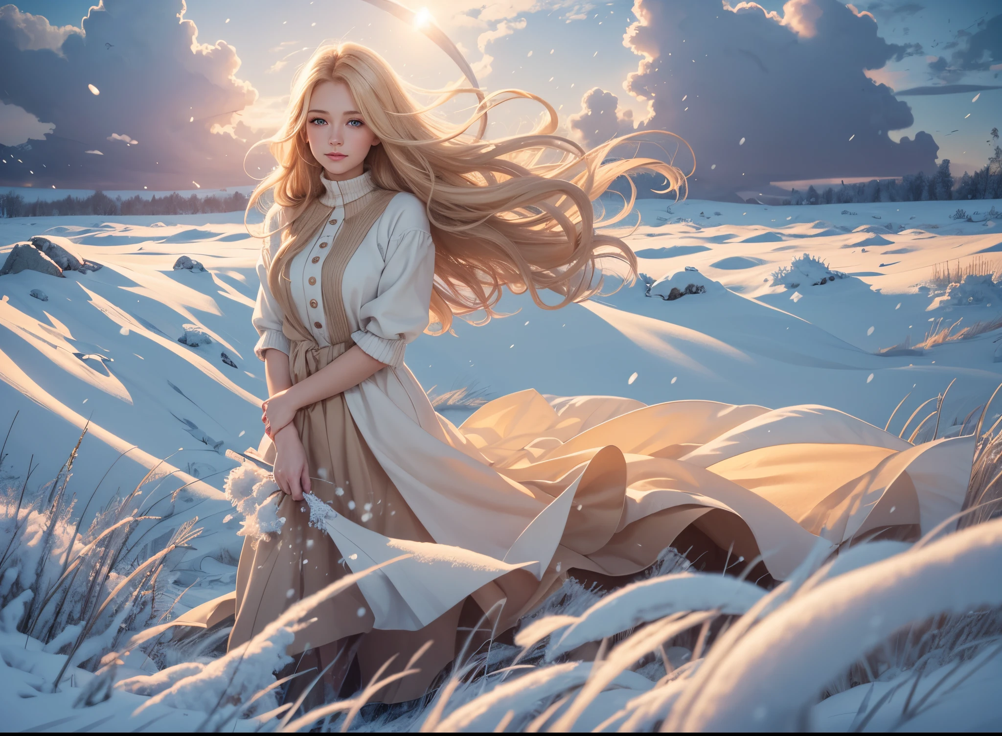 a young blond woman in winter clothing looking at camera with snow falling, beautiful digital artwork, realistic digital art 4 k, realistic digital art 4k