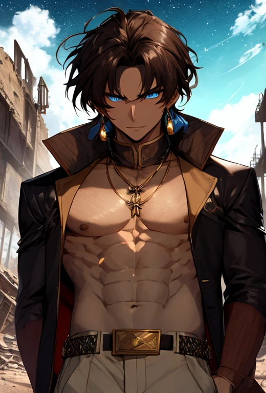 tanned boy. Exile Conan style, nigth，starrysky，Stand at front,  Young bodybuilder, warrior, No chest hair (16 yaers old) (Young face), suntanned skin (suntanned skin), heavy muscular figure (Good anatomy) mexican facial features, dark brown  hair, The hair was ruffled by the wind, hair tied up in a pony tail，Bangs hanging down the forehead and sides of the face, White sclera, eBlue eyes (詳細な目) largeeyes, ((eBlue eyes)), Teen's face, Top Rated Pixiv, Bare-chested, Shirtless, Gold necklace set with precious stones, silk pants, Elegant fabric belt, expensive clothing, gold beads and gems, Nice face, Young face, It's a perfect face, Jedi Temple ruins in the rocky desert behind,