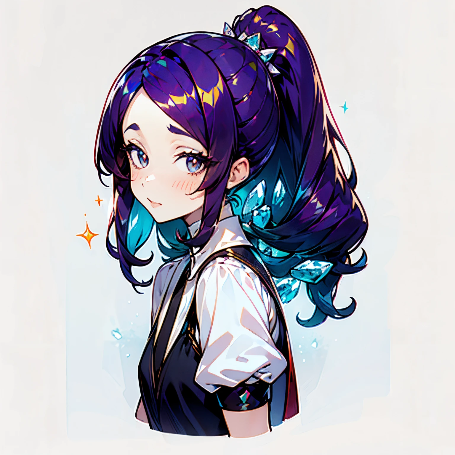 Close-up of a cartoon image of a woman with different colored hair, reference sheet, anime character reference sheet, Character Reference Sheet, [ Character design ], Character Profile, Character Reference Sheet, [ conceptual art ]!!, detailed fanart, by Kanbun Master, Character Sheet, Furson's long-haired humanoid, Character reference, concept art character sheet, (( in the style of Ichikawa Haruko)), Houseki no kuni, The Land of Gems, Original character, ((tmasterpiece)), (((beste-Qualit))), ((ultradetailed)), ((illustartion)), [The light effect of realism], eye shadow, (fantasy style), (whitebackground:1.6), Simple background, illustartion, 1 girl, sly look, Majestic view (multi-colored hair, Hair gradient, Hair color from blue to peach, without bangs, (Side bangs), curly curl on the cheek, hairstyle: high ponytail, long tail), The eyes are crimson-red, Environment change scene, wide eyes, Lashes, side glance, Crystal hair, Glowing Hair, shirt with collar, galaxy, Additional lighting, uniform, tie, puffy short sleeves, Shorts, Smile, puffy short sleeves, Puffy armbands, Shirt, short sleeve, sparkle, Small flat chest
