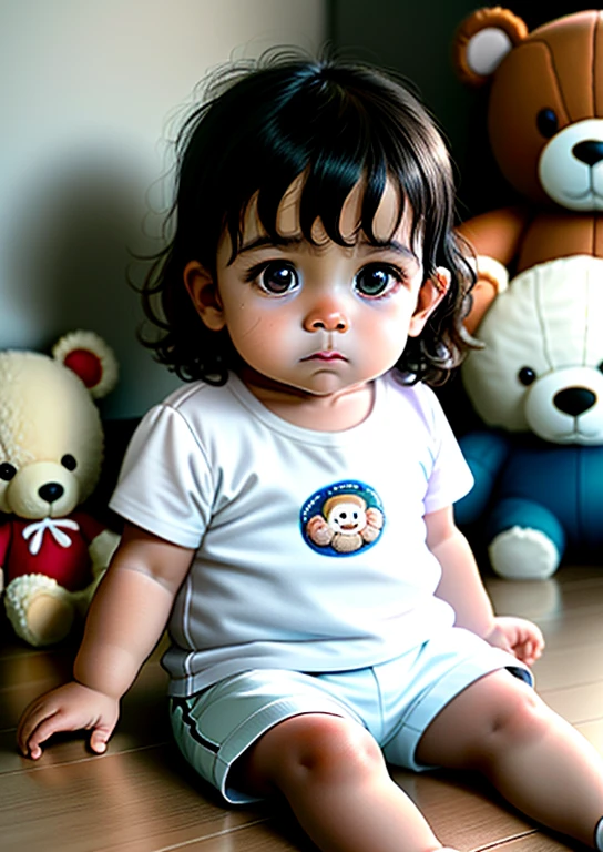 foto realista, A 7 , British characteristics, dark brown eyes, Foto realmente humana, Realistic and extremely detailed features of a child, cabello dorrubio, white baby clothes, sitting oe floor of his room full of toys, Sad expression with a teddy bear nearby, with two-tone lighting, foco nítido, Film grain,  High detail, ultra realista, discreto, cerrar, 4K HDm front photo looking at the camera