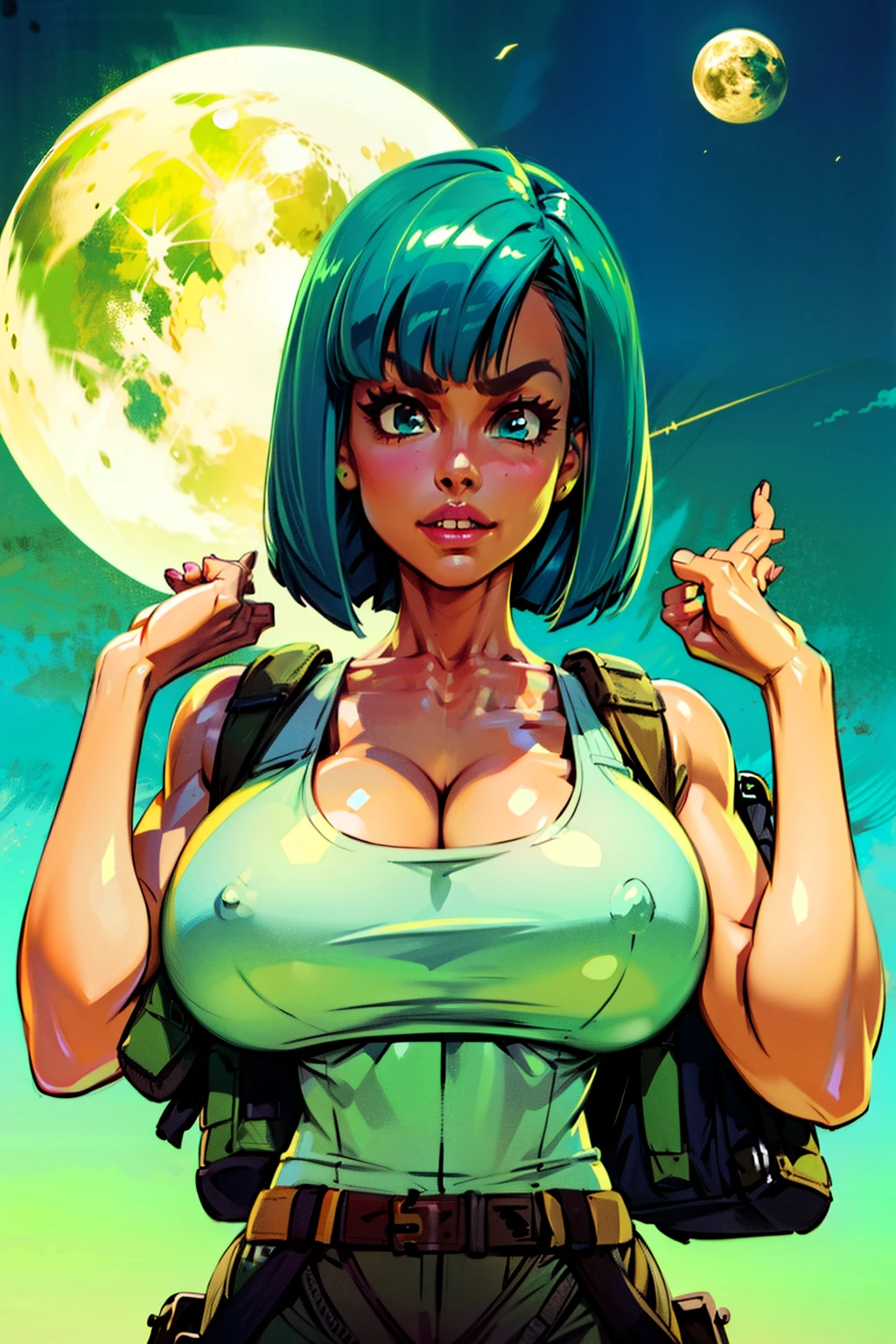 Waifu, masterpiece, curvy, breasts, moon, full moon, gloves, 1girl, clenched teeth, bulma, cleavage, large breasts, teeth, ((aqua hair)), ((white tank top:1.2)), blue eyes, rating:explicit,rule34, hardcore, tits,clenched hands, night, sky, ((brown cargo pants:1.4)),(white skin:1.4), bare shoulders, blue hair, clenched hand, rating:questionable, ((long bob:1.5)), belt, solo, angry, lip biting(gigantic and massive tits:1.1), breasts, official illustration, illustration, detailed face, beautiful intricate eyes, curvy milf, 1:2), closeup, titsnipples