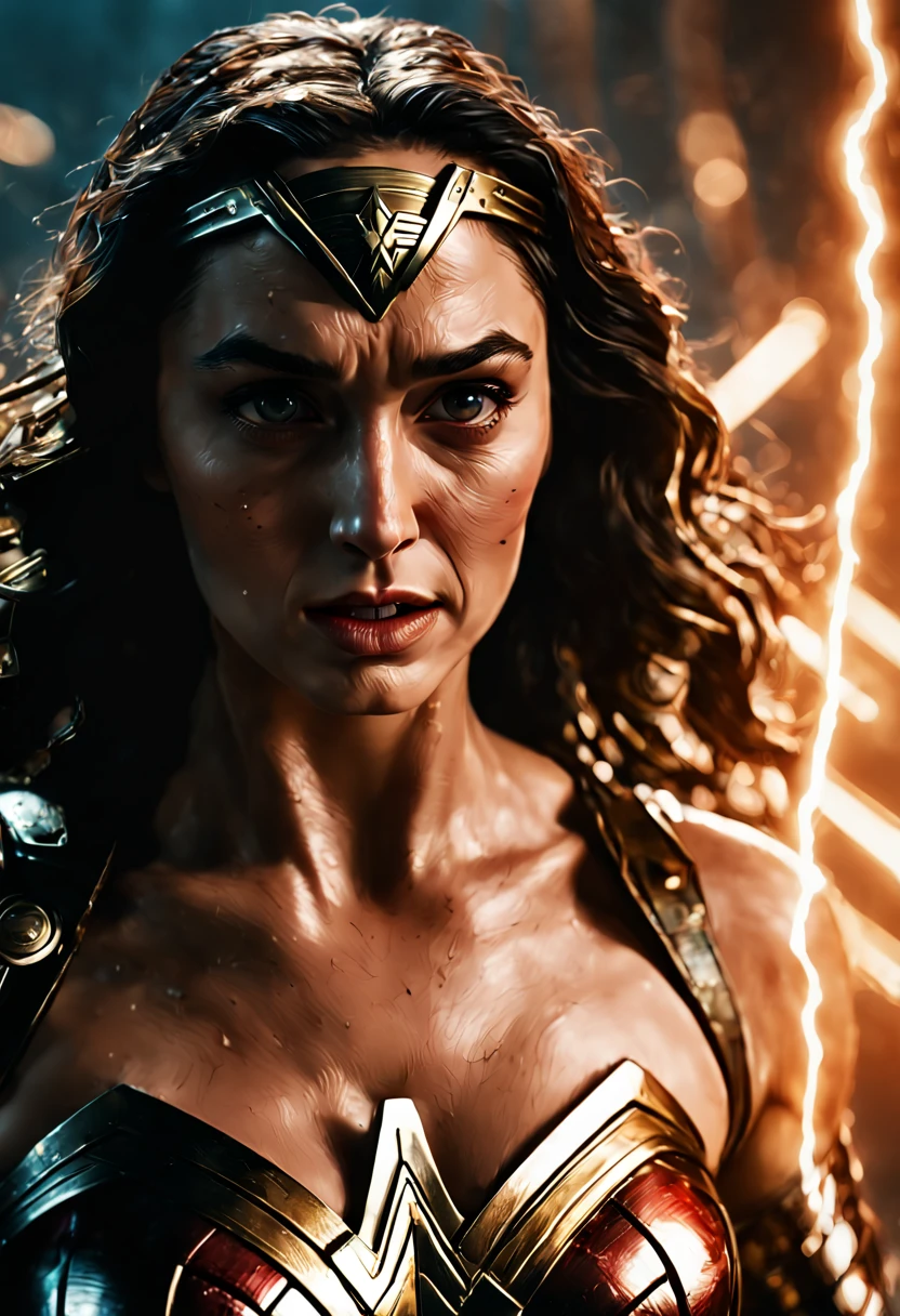 filmstill, DC Wonder Woman close-up, Distorted space, Distorted undead in the background, lens flares, light shafts, intricate details, higly detailed, voluminous lighting, 4k render, Stock Photo, Hyper-realistic, Realistic textures, dramatic  lighting, Unreal engine