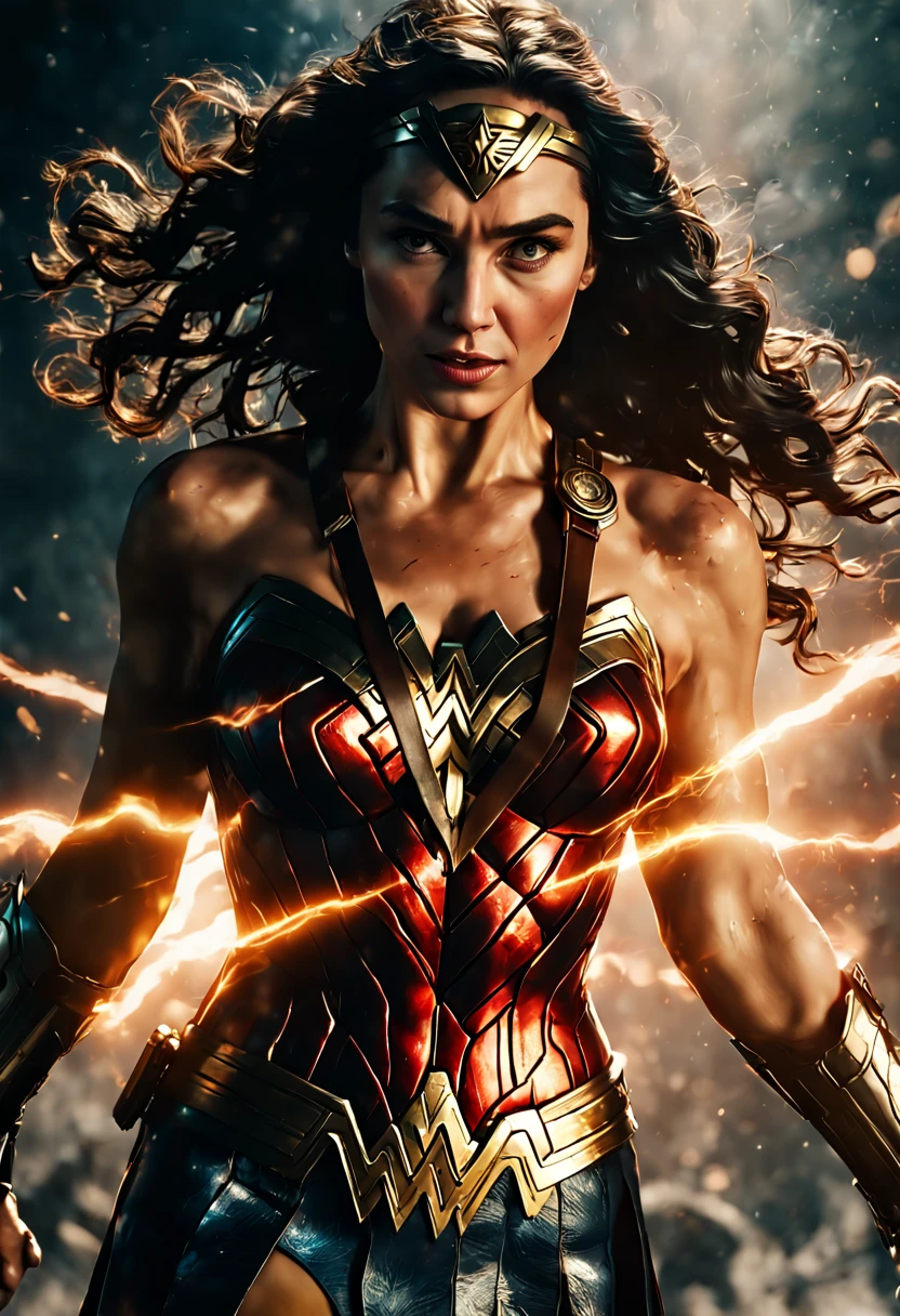 [Illustration] comic page, ((Best quality)), ((masterpiece)), ((highly intricate details)), one page has multiple panels: in the city full of distressed people running among rubble and debris (far view), several building on fire, blue eyes and muscular wonder woman pushing the wall, leaning on the wall, pushing, smoke and dust billowing (close-up, low motion blur), the picture has text annotations, [Continuous shooting] in the style of Andreas Rocha, night, film P30, irregular diagonal composition
