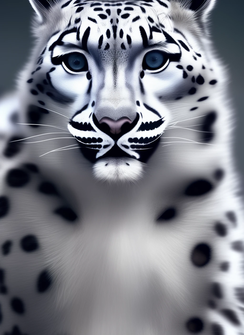 Snow leopard girl. She has ears, nose and mouth are not like a person&#39;s, and the skin is covered with hair