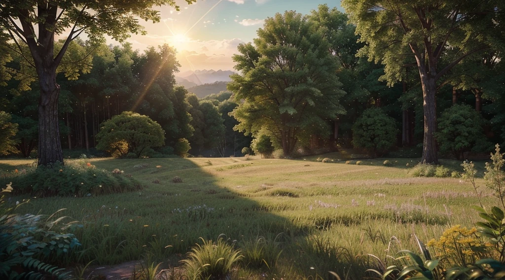 Generate a breathtaking and realistic AI-crafted fantasy landscape set in a verdant expanse. Imagine the sun rising, casting a golden glow on the landscape, evoking a sense of warmth and happiness. Incorporate realistic details such as dewdrops on leaves, sunlight filtering through the trees, and a clear, expansive sky. The cold environment should feel invigorating rather than harsh, with a hint of frost adding a touch of magic. Craft a scene that invites viewers to feel the joy of being surrounded by the beauty of nature, creating a moment that resonates with happiness and tranquility.