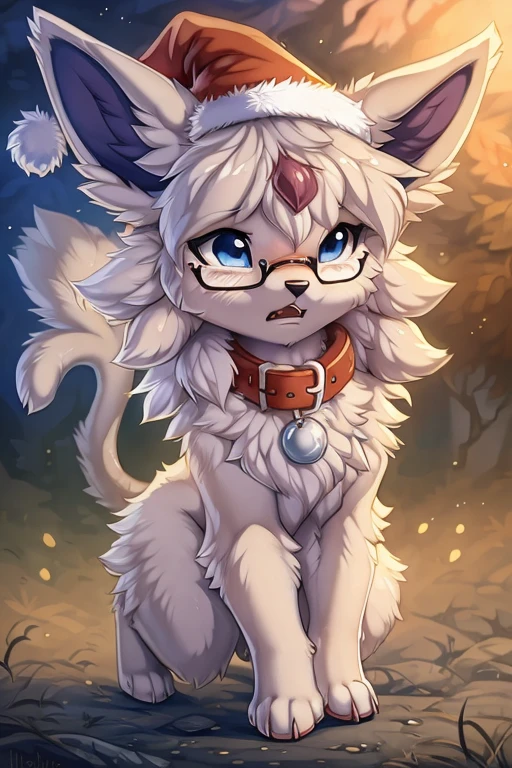 [by Hioshiru],furry, Feral, Pokemon, Long fluffy hair, glasses, Espeon with White fur, glasses, Blue eyes, embarrassed, average breasts, canine paws, paws for hands, short height, shortstack, crawling, heavy, collar, walkies, perk,Wearing Christmas hat between ears
