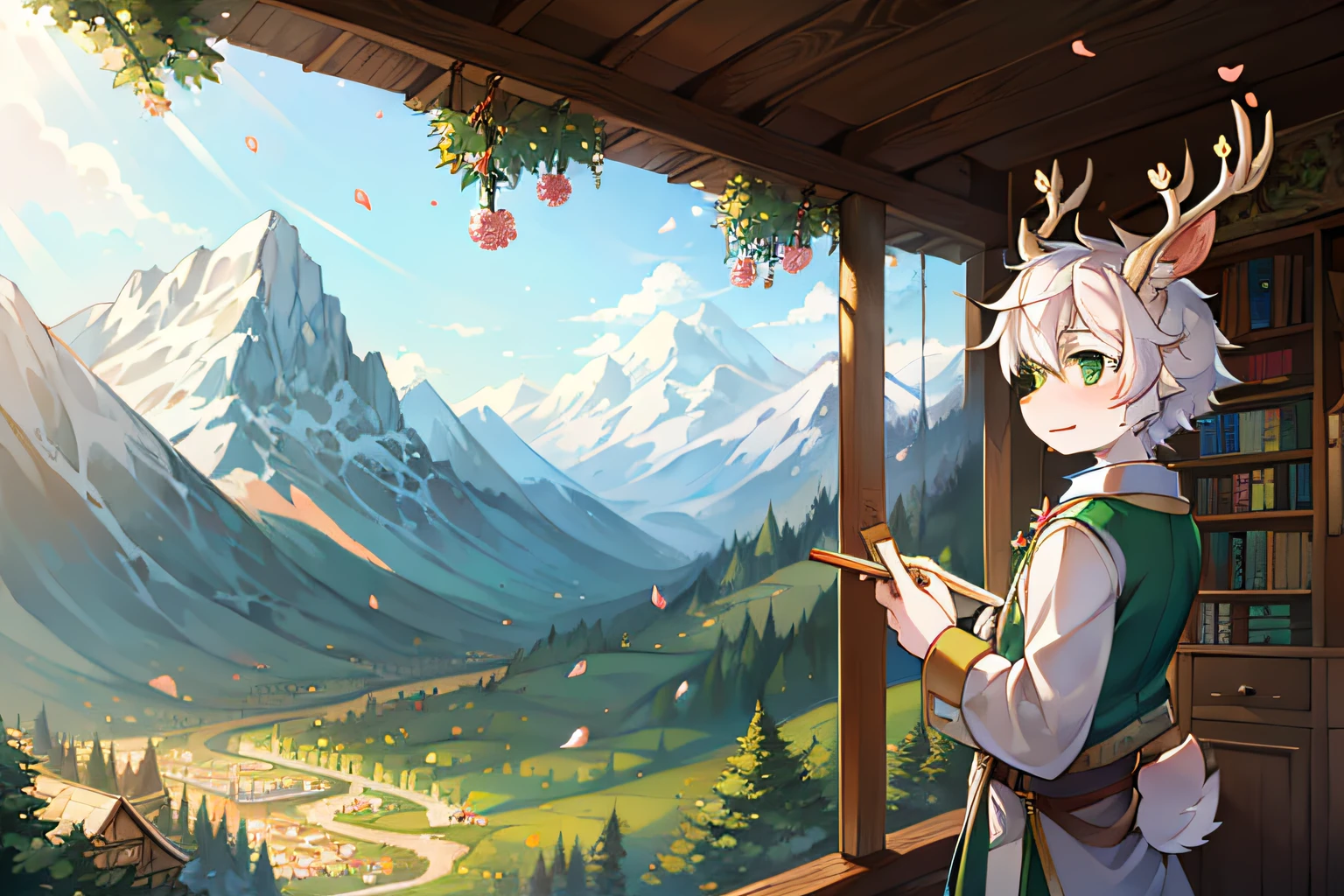A white deer,Green-eyed,white clothes,light green decoration,Books,The scroll has been unfolded before you,He is holding a paintbrush in his hand,Under the trees,rays of sunshine,deer antlers,wood cabin in distance,grassy fields,mountain ranges,falling flower petals,nerds,white color hair,Shota,lovely boy,Ambiguous gender
