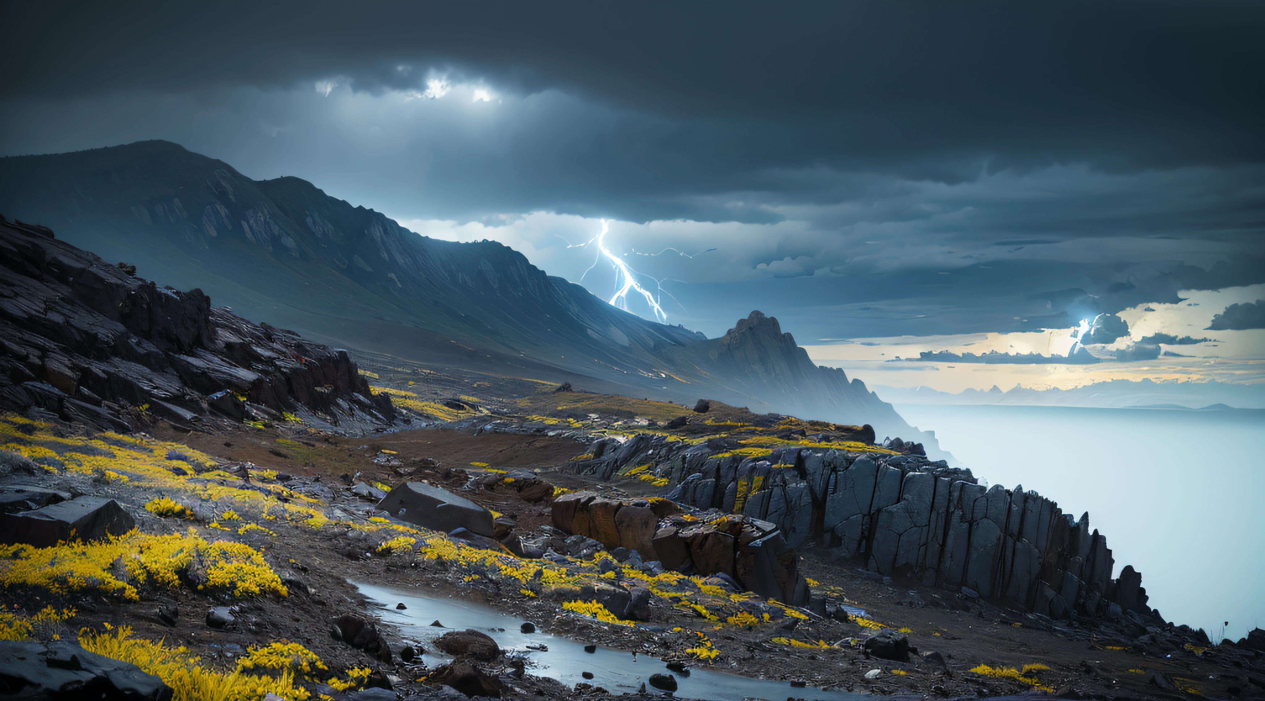 rocky wasteland, with blue and yellow tints, with thunder in the background, realistic, full detail, cinematic, photorealistic, masterpiece