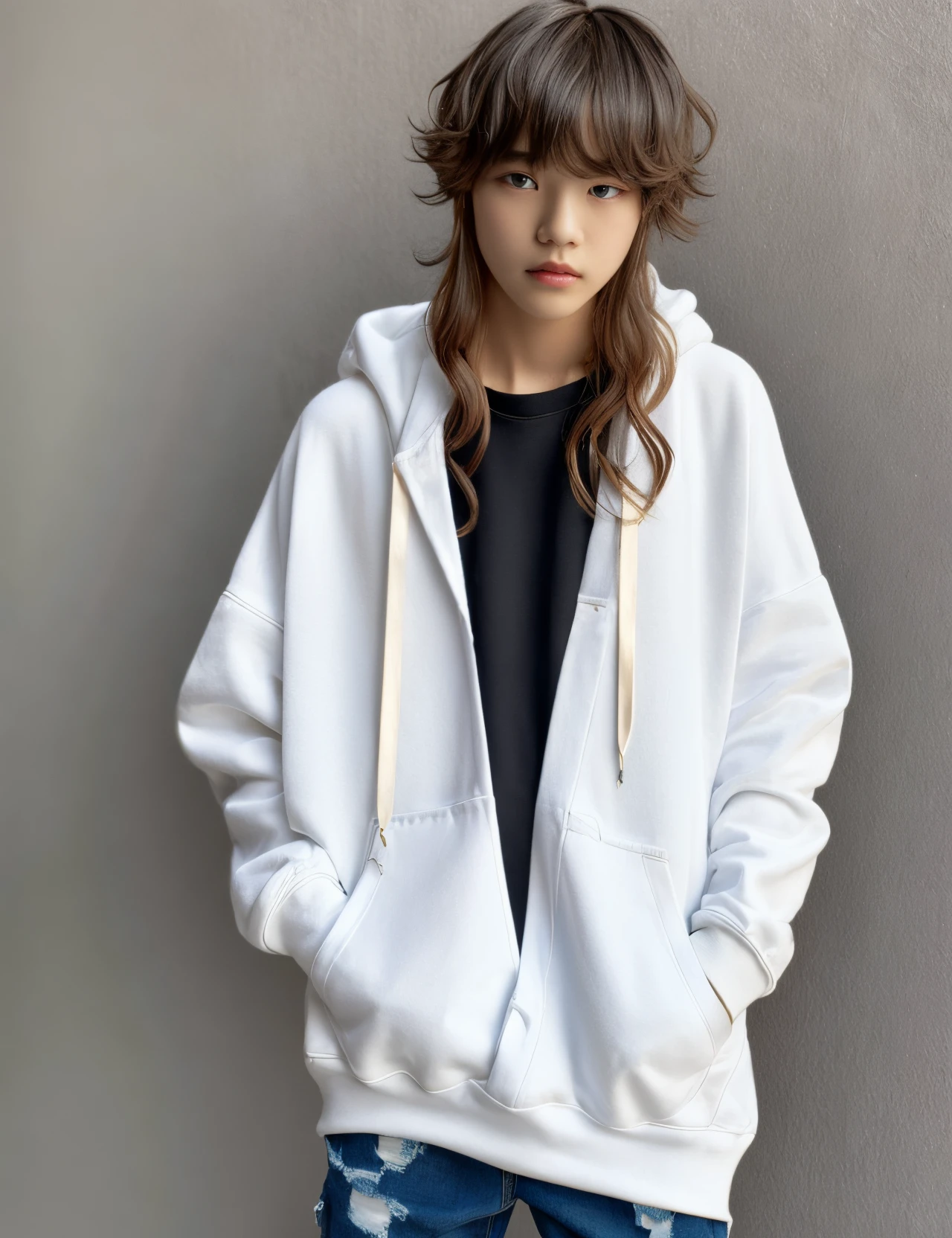 Loose long hair, two-tone color, odd eyes, oversized hoodie