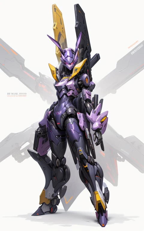 Cartoon image of robot rabbit holding gun, mecha cyber armor, Cool mech style, mechasuit, Full robot full body mecha suit, cyber fight armor, wearing cyber armor, anime mecha armor, Purple armor, Complex assassin mecha, Mecha Inspiration